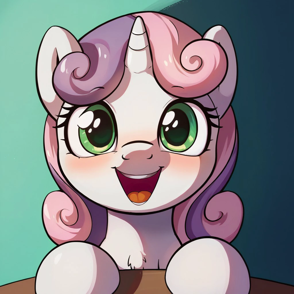 score_9, score_8, score_7, source_pony, sweetie belle, POV, looking at viewer, blush, smile, open mouth, upper teeth only