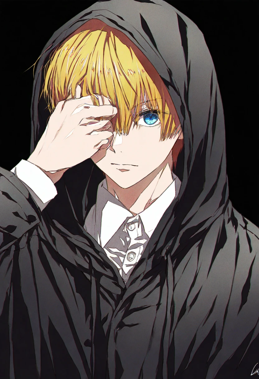 (masterpiece, high quality, amazing detail), year 2024, year 2023, highres, very awa, 4b-enpitsu, 1boy, bangs, black hoodie, black jacket, yellow hair, short hair, blue eyes, closed mouth, collared shirt, eyebrows visible through hair, hair between eyes, hood, hood up, hooded cloak, hooded jacket, long sleeves, looking at viewer, hand cover eye, male focus, solo, upper body, black background, film grain s <lora:4b-enpitsu_Style_XL:0.4>