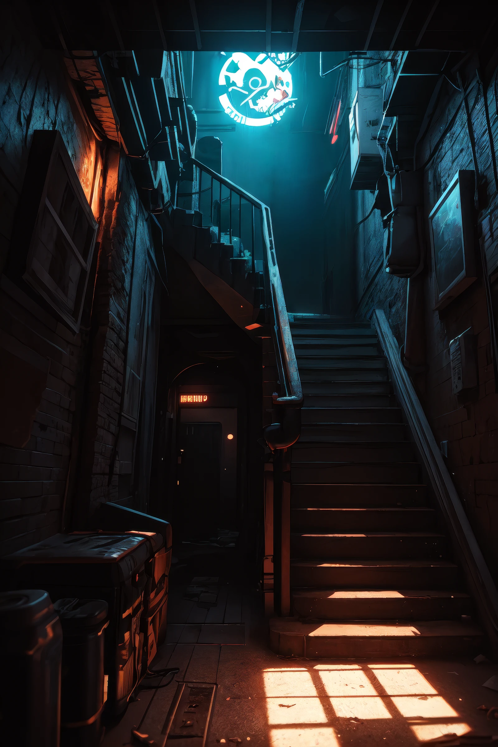 down a basement staircase, neon lights, cyberpunk style, smooth, sharp focus, ambient light, dynamic lighting, magical, dark vibes, Cyberpunk 2077