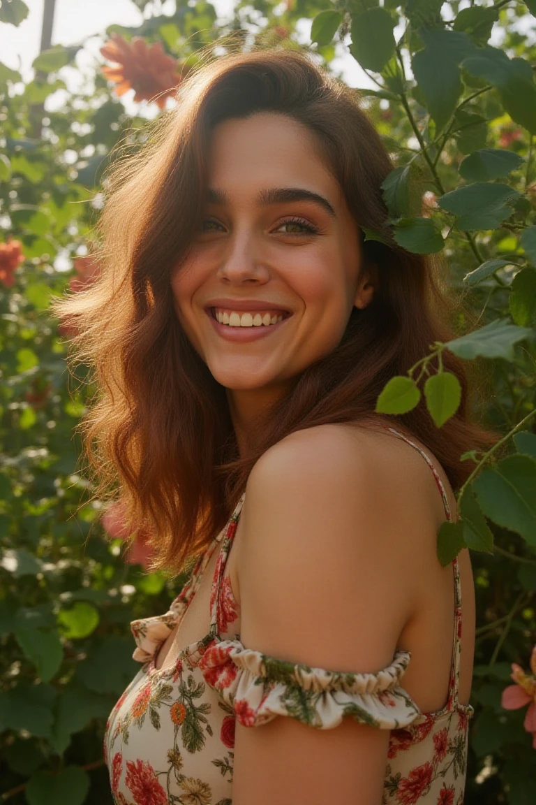 (photo of a woman), editorial photoshoot, close up, in a floral garden, shot on film camera, kodak colors, elegant pose, perfect lighting, beautiful sky showing through the leaves, she is wearing a top with floral prints, beautiful smile, 90mm lens, extremely detailed, in an exotic forest location