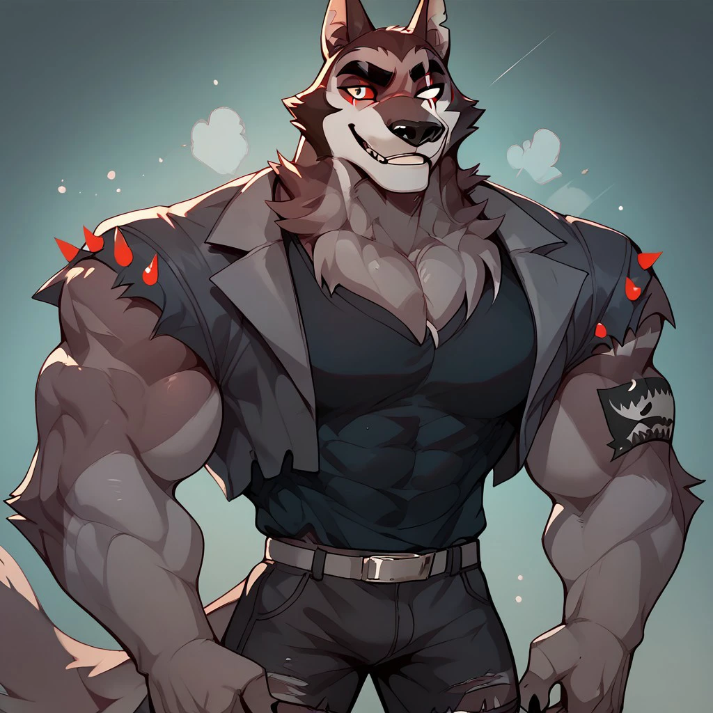 male focus, score_9, score_8_up, score_7_up,
1boy, VorteXHelluvaV1.5, furry male, heterochromia, red eye, white eye, muscular, muscular male, grey fur