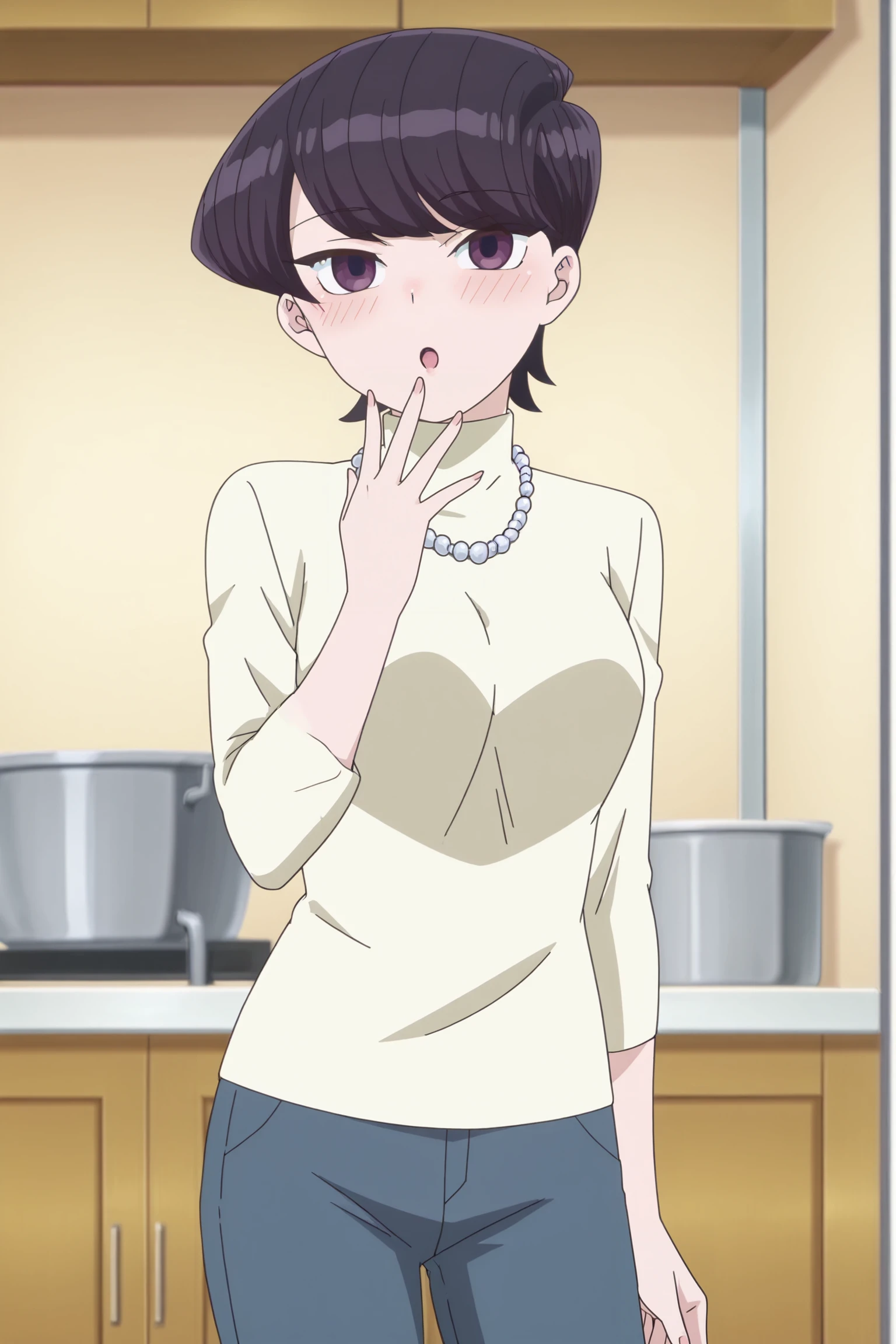 score_9, score_8_up, score_7_up, source_anime,anime screencap,anime coloring, official style, uncensored, perfect quality, masterpiece, well-defined fingers, well-defined fingernails, in a kitchen, detailed background,
 <lora:Shuuko_Komi_Komi_Cant_Communicate_-_Illustrious:1>, 1girl, solo, short hair, swept bangs, black hair, purple eyes, mature female, medium breasts, turtleneck, pearl necklace, jeans, denim, 
:O, hand to mouth, looking at viewer, blushing, facing the viewer, cowboy shot,