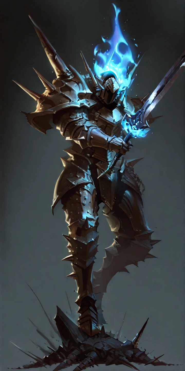 close-up, upper body,
1other, armor, sword, holding sword, fire, blue fire, no humans, monster, spikes, dark background, gradient background, grey background, digital painting, standing, weapon, fantasy, creature, glowing, detailed armor, menacing, dark fantasy, full body, no face, menacing pose, dark
 <lora:digital_paint:1>