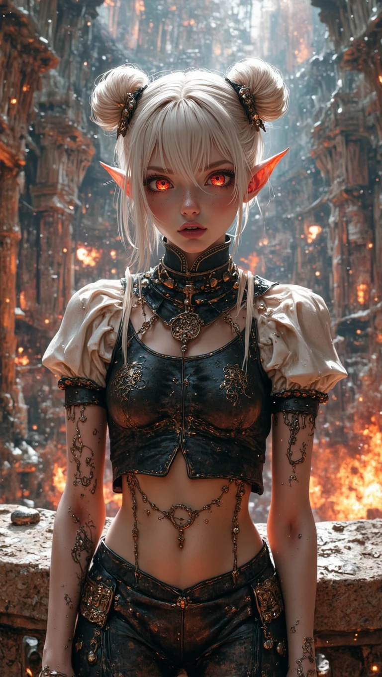 (masterpiece, high quality, 8K resolution). 
A highly detailed anime illustration that combines fantasy and science fiction.
Character: A 20 year old elf very short young beautiful alluring albino pointy eared elven woman, white hair,  (pixie undercut ((updo)) extremely large round double buns:1), freckles,  Freckles, (red eyes), (fangs), (((long albino succubus tail connected at the coccyx))). Dressed in a skimpy punk rock heavy metal style school girl uniform with microskirt and extremely high cropped top. Detailed outfit.
Background: A fiery hellscape. A stone balcony overlooking a stone desert full of fire, smoke, lava, and magma explosions.
Details: a cheeky cocky mischievous aroused enchanting nymphomaniac elf damed to an attorney in service to hell, an alluring seductress who enchants humans into sin. Close up portrait. Detailed, sensual, Drawn in the style of a Sam Raimi hellscape, influenced by The Good Place television series. Inspired by nymphomaniac Rae in Black Snake Moan and seductress Danielle in The Girl Next Door movie.  She's the embodiment of desire suduction and nymphomania,  waiting for her devilish boss in a hell devoted to sin, greed and vice. REALNIME, 

Alluring, aroused, hot and bothered,  ready to fuck, (long pointy ears), elven, sexual,  suductive, enchanting arousal, mischievous, temptress, enchantress, seductress, loving, excited, joyous, sad, impatient, frisky, fun.