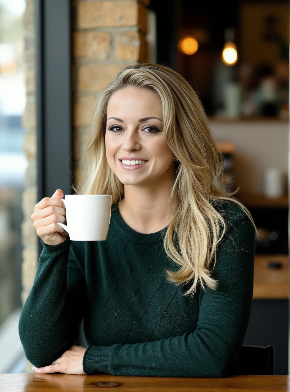 A professional photograph of a young woman Ola_Jordan wearing a dark green cableknit sweater in a cafe, holding a latte. Blonde hair, light make-up, detailed skin, bokeh, female focus, (SFW), smile <lora:Ola_Jordan:1>