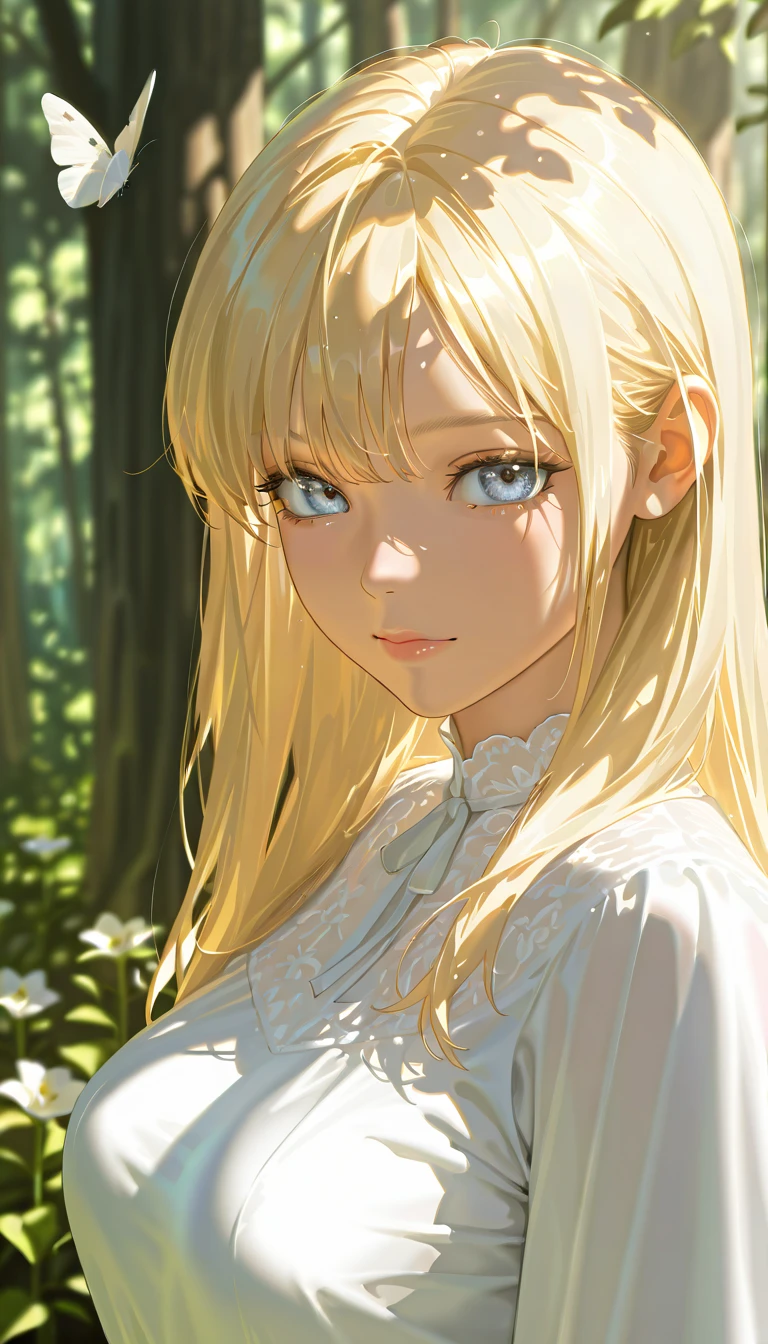 masterpiece, best quality, amazing quality, very aesthetic, high resolution, ultra-detailed, absurdres, newest, scenery, (dappled sunlight:1.2), rim light, backlit, dramatic shadow, 1girl, long blonde hair, blue eyes, shiny eyes, medium breasts, white dress, forest, flowers, white butterfly, looking at viewer, upper body, close-up, dutch angle, shiny skin, BREAK, eyes, lips, photorealistic details, dramatic shadow, depth of field, detailed eyes and skin, detailed hair, vignetting, masterpiece, best quality, amazing quality, very aesthetic, high resolution, ultra-detailed, absurdres, newest, scenery, volumetric lighting