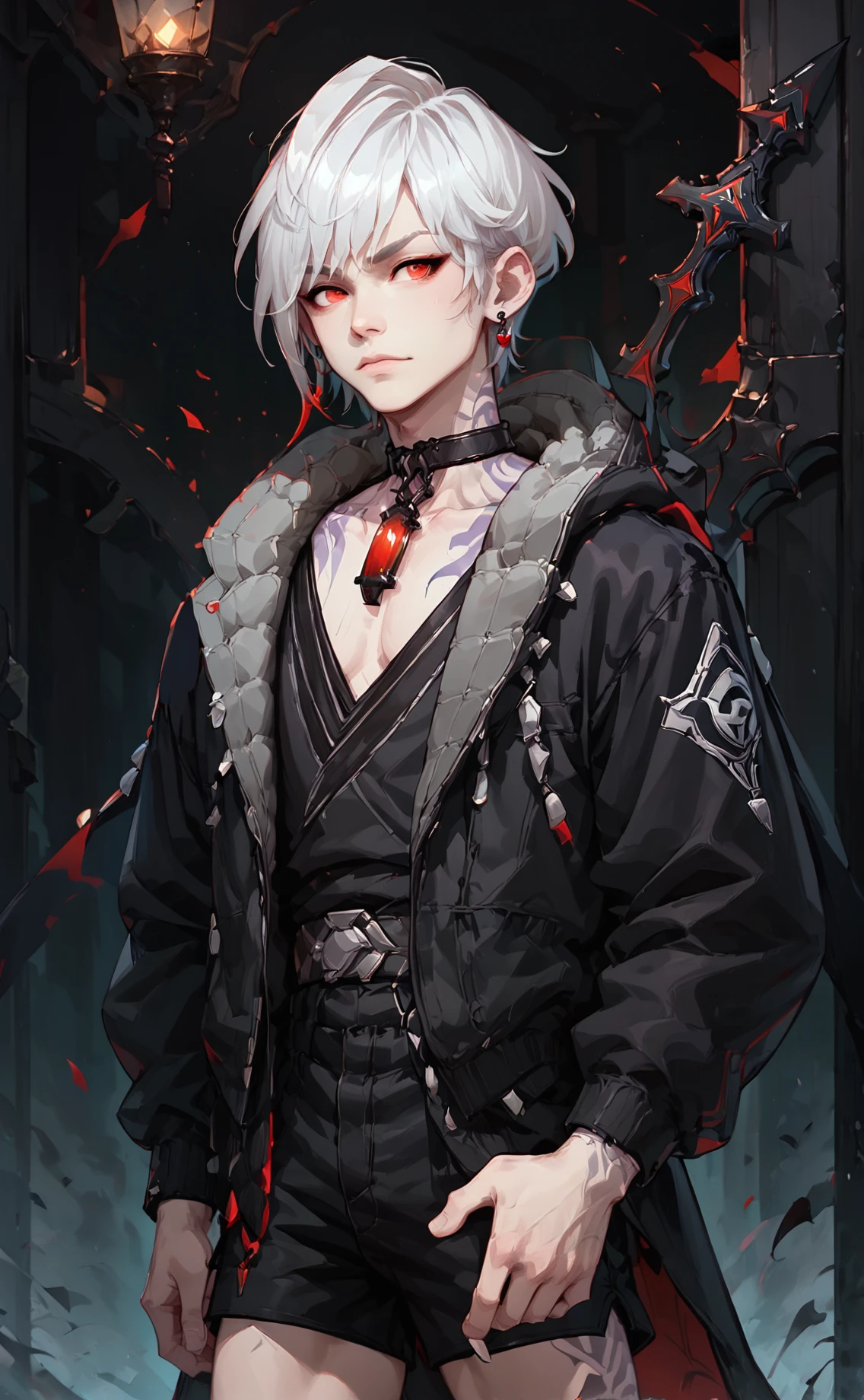 score_9_up, score_8_up, score_7_up, score_6_up, 1boy, solo, male focus, haste, slim, white hair, short hair, red eyes, pale white skin, tattoo, black jacket with grey fur trim, black choker with red cylinder gem pendant, black low cut undershirt, short shorts, belt, cross earring, partial portrait, dark fantasy art, grimdark, best_quality, masterpiece, dark cold color scheme, valorant style, dvs, head down, <lora:sxz-valorant-smol-v2-pdxl:0.2> <lora:Concept Art DarkSide Style LoRA_Pony XL v6:0.55>  <lora:Haste_-_Epic_Seven_Pony-000009:0.85>