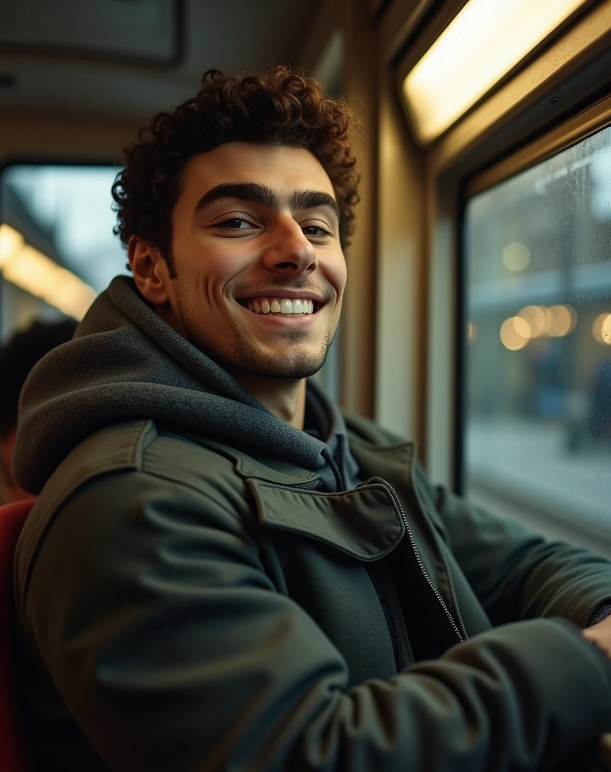 Luigi Mangione, a young muscular man with short, curly dark brown hair, sits confidently in a car's interior, his broad smile showcasing pearly whites. He dons a grey-green hoodie with the hood up, covering his head, and a coat, as seen from a bird's-eye view above. The warm glow of the train station's CCTV camera casts a soft light on Luigi, highlighting the contours of his strong physique.