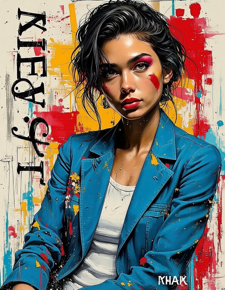 The image is a portrait of a woman's face, painted in an abstract style. The woman appears to be in a contemplative pose,  She is wearing a blue jacket with a white t-shirt underneath. The jacket is covered in various splatters of different colors, including red, yellow, blue, and black. The background is filled with splashes of white, red, and blue, creating a chaotic and chaotic atmosphere. On the left side of the image, there is a black text that reads "STREET ARTJI" . The overall mood of the painting is one of mystery and intrigue. <lora:Street_Artji_v1:1>