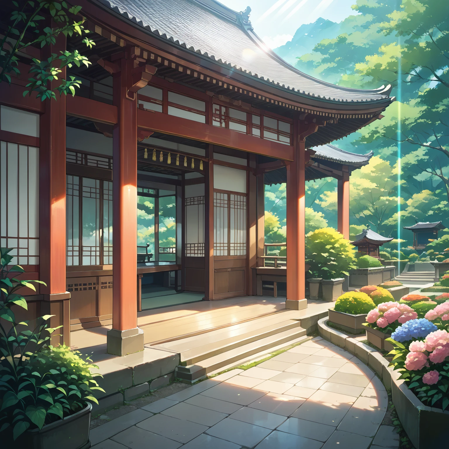 score_9, score_8_up, score_7_up,source_anime,  <lora:Japanese_Garden:0.8> japgab, scenery, east asian architecture, garden, sunlight, lens flare, depth of field,