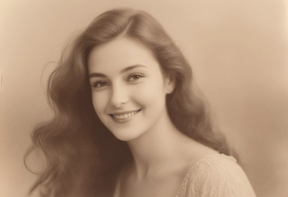 Create a soft, sepia-toned portrait of an elegant woman with flowing hair and a gentle smile. The composition is inspired by vintage photography, featuring subtle, dreamy transitions and a warm, nostalgic atmosphere. The background is blurred, enhancing the ethereal aesthetic of the image.