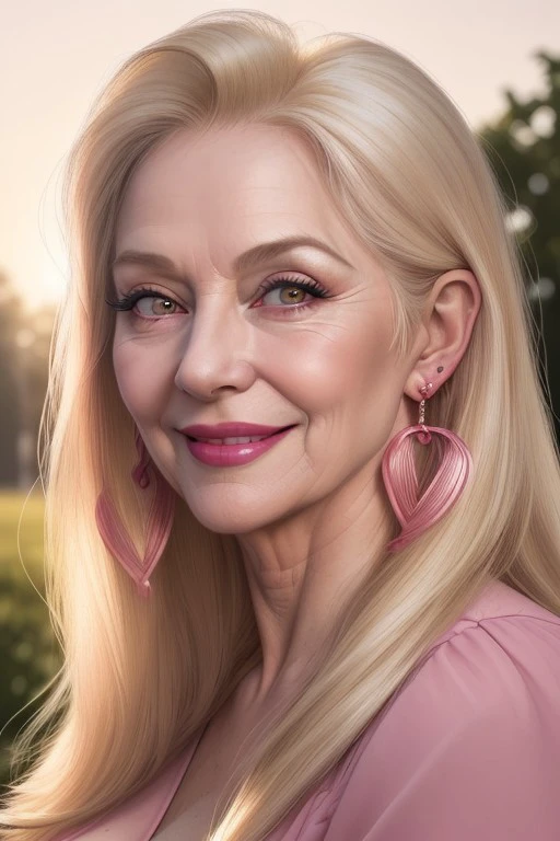 Very detailed 
beautiful naughty Judy Gilf, very years old granny, long straight blonde hair, lots of mascara, eyeliner, huge eye-lashes, pink lips, smiling, rosy cheeks, jowls, earrings, outside, evening reddish sunlight, brightly lit on one side 
<lora:Judy<Gilf_v2.0:0.9>