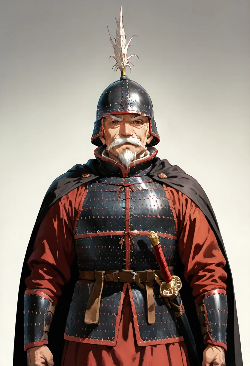 masterpiece, best quality, absurdres, detailed skin, detailed eyes, anime colored, anime screencap,
1 man, brown eyes, old man, white mustache, white beard, thin mustache, 
<lora:Chinese_Han_Dynasty_armor:1>, hanarmor, hanhelmet, armor, helmet, sword, sheathed, upper body,