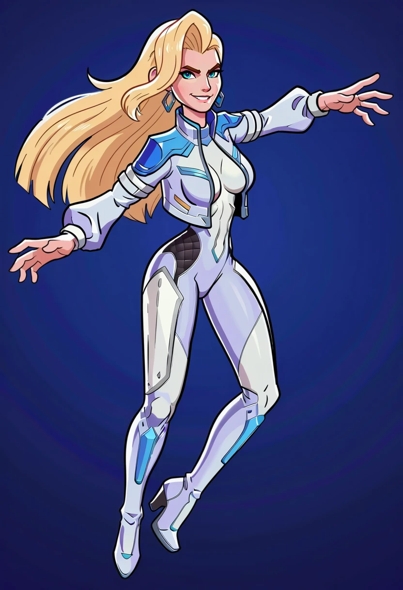 score_9, score_8_up, score_7_up, score_6_up, expressiveh, dagger_rivals, 1girl, solo, full body, blue eyes, blonde hair, long hair, eyeliner, moon mark, earrings, cropped jacket, open jacket, bodysuit, white bodysuit, white clothes, fingerless gloves, blue details, high heels, looking at viewer, simple background, purple background, posing, dynamic angle, dynamic pose, godrays, dynamic light, dramatic light, happy, very happy, smile, teeth <lora:cubedcoconutv2:0.9> <lora:Dagger_Marvel_Rivals_-_PonyXL:0.7>