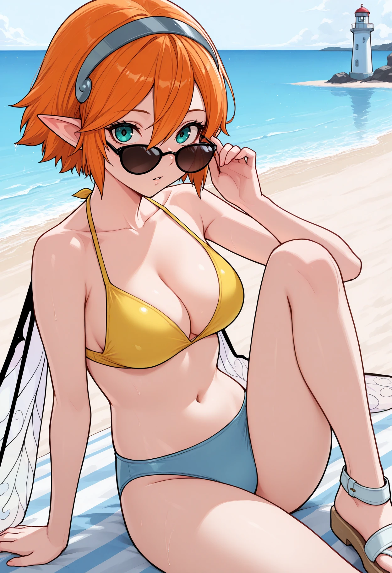 masterpiece, best quality, 1girl, solo, sitting, knee up, sunglasses, parted lips, adjusting eyewear, <lora:GallicaMR-illu:1> dfGall, orange hair, short hair, hair between eyes, looking over eyewear, aqua eyes, pointy ears, grey hairband, yellow bikini, cleavage, blue bikini bottom, medium breasts, navel, sandals, fairy wings, towel, beach, horizon, lighthouse