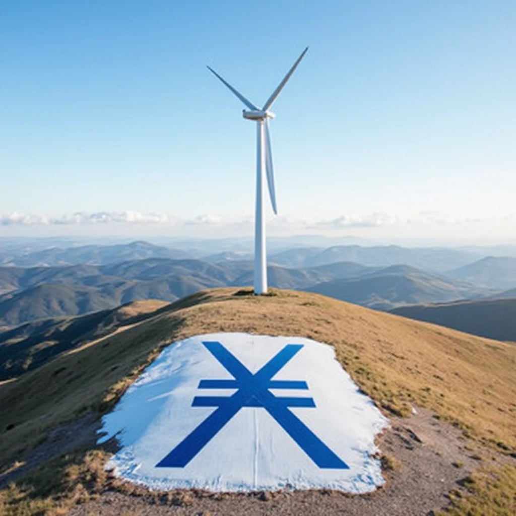 wind turbine, standing on mountaintop, giant xno_symbol painted in blue on ground below, ads corporate