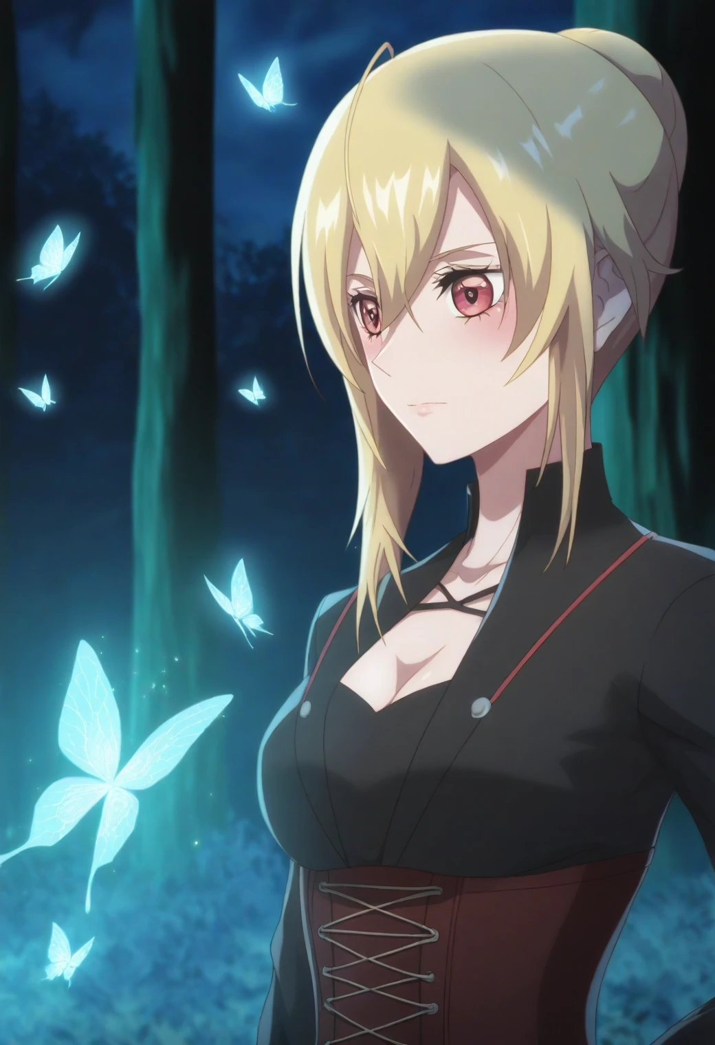 <lora:Angelica Rapha Redgrave - [Otome Game Sekai wa Mob ni Kibishii Sekai desu] - illustriousXL v1:1>, sysdeep_angelica, blond hair, red eyes, solo black leather corset, enchanted forest, glowing butterflies, soft moonlight, mysterious allure, style parody