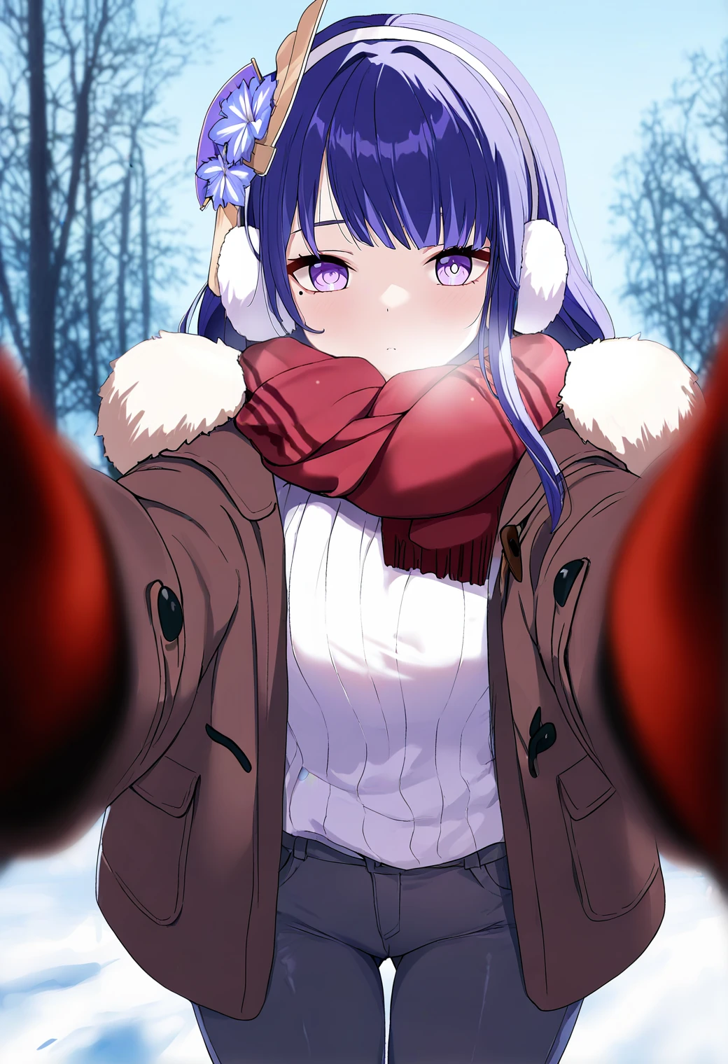 masterpiece, best quality, newest, absurdres, highres,
1girl, raiden shogun, genshin impact, long hair, breasts, scarf, coat, mittens, earmuffs, sweater, pants,
solo, cowboy shot, outdoors, looking at viewer, pov cheek warming \(meme\), reaching towards viewer,
<lora:cheekwarmnoobvpred:1>