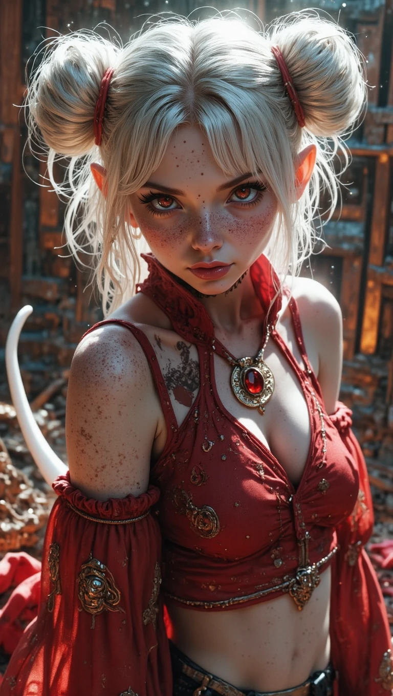 (masterpiece, high quality, 8K resolution). 
A highly detailed anime illustration that combines fantasy and science fiction.
Character: A 20 year old elf very short young beautiful alluring albino pointy eared elven woman, white hair,  (pixie undercut ((updo)) extremely large round double buns:1), freckles,  Freckles, (red eyes), (fangs), (((long albino succubus tail connected at the coccyx))). Dressed in a (skimpy) (punk rock) heavy metal style (school girl uniform) with microskirt and extremely high cropped top. Intricately detailed outfit.
Background: A fiery hellscape. A stone balcony overlooking a stone desert full of fire, smoke, lava, and magma explosions.
Details: a cheeky cocky mischievous aroused enchanting nymphomaniac pointy eared elf damed to an eternity in service to hell, an alluring seductress who enchants humans into sin. Close up portrait. Detailed, sensual, Drawn in the style of a Sam Raimi hellscape, influenced by The Good Place television series. Inspired by nymphomaniac Rae in Black Snake Moan and seductress Danielle in The Girl Next Door movie.  She's the embodiment of desire suduction and nymphomania,  waiting for her devilish boss in a hell devoted to sin, greed and vice. REALNIME, 

Alluring, aroused, elven, sexual,  pointy ears, suductive, enchanting arousal, mischievous, temptress, enchantress, seductress, loving, excited, joyous, sad, impatient, frisky, fun.