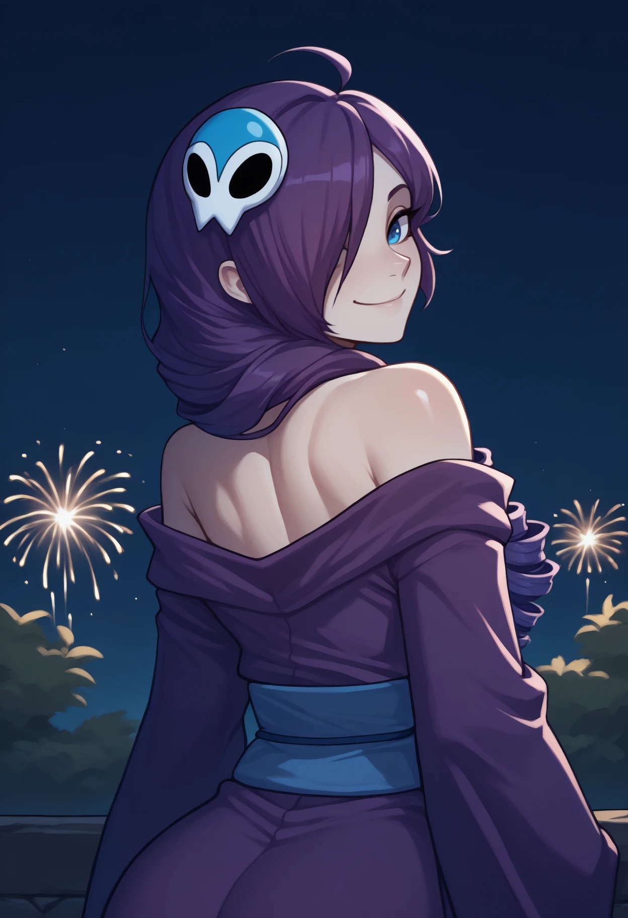 anime, masterpiece, best quality, <break> from behind, solo, 1girl, zon3tan, smile, looking back, long hair, purple hair, hair over one eye, ahoge, drill hair, skull hair ornament, blue eyes, japanese clothes, purple kimono, off shoulder, blue sash, bare shoulders, outdoors, night, fireworks
<segment:yolo-Anzhc Face seg 640 v2 y8n.pt,0.4,0.5//cid=1>