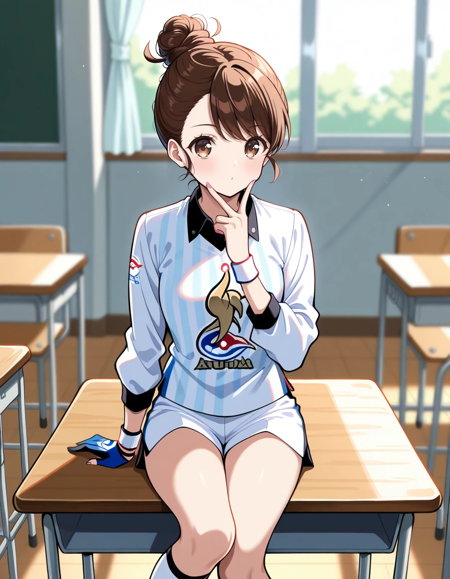 masterpiece, best_quality, absurdres,  <lora:gloria_pokemon_il:1> brown_hair, short_hair, brown_eyes, hair_bun, long_sleeves, collared_shirt, print_shirt, striped_clothes, white_shorts, kneehighs, white_socks, wristband, single_glove, by_noraneco117, classroom, school_desk, v_over_mouth, 1girl, blurry_background, pink_nails, blurry, ai_ai_gasa, desk