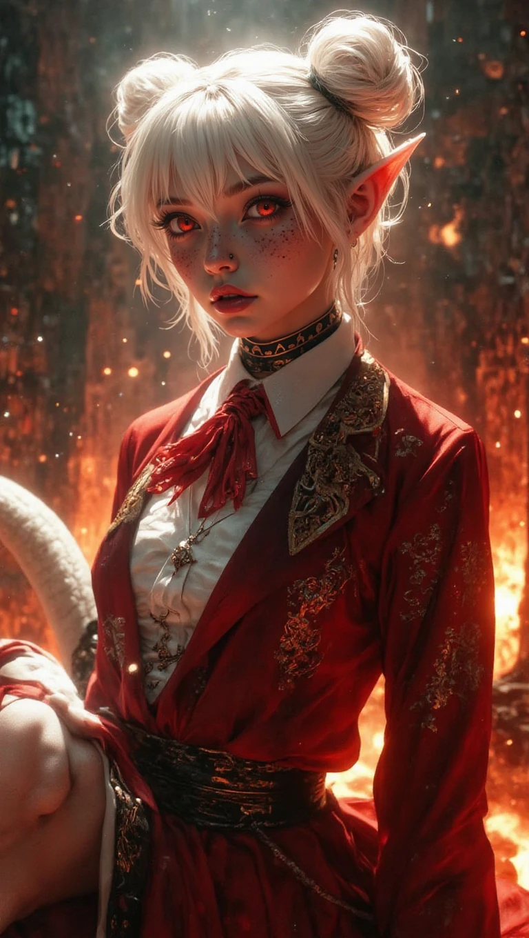 (masterpiece, high quality, 8K resolution). 
A highly detailed anime illustration that combines fantasy and science fiction.
Character: A 20 year old elf very short young beautiful alluring albino pointy eared elven woman, white hair,  (pixie undercut ((updo)) extremely large round double buns:1), freckles,  Freckles, (red eyes), (fangs), (((long albino succubus tail connected at the coccyx))). Dressed in a skimpy punk rock heavy metal style school girl uniform with microskirt and extremely high cropped top. Detailed outfit.
Background: A fiery hellscape. A stone balcony overlooking a stone desert full of fire, smoke, lava, and magma explosions.
Details: a cheeky cocky mischievous aroused enchanting nymphomaniac pointy eared elf damed to an eternity in service to hell, an alluring seductress who enchants humans into sin. Close up portrait. Detailed, sensual, Drawn in the style of a Sam Raimi hellscape, influenced by The Good Place television series. Inspired by nymphomaniac Rae in Black Snake Moan and seductress Danielle in The Girl Next Door movie.  She's the embodiment of desire suduction and nymphomania,  waiting for her devilish boss in a hell devoted to sin, greed and vice. REALNIME, 

Alluring, aroused, elven, sexual,  pointy ears, suductive, enchanting arousal, mischievous, temptress, enchantress, seductress, loving, excited, joyous, sad, impatient, frisky, fun.