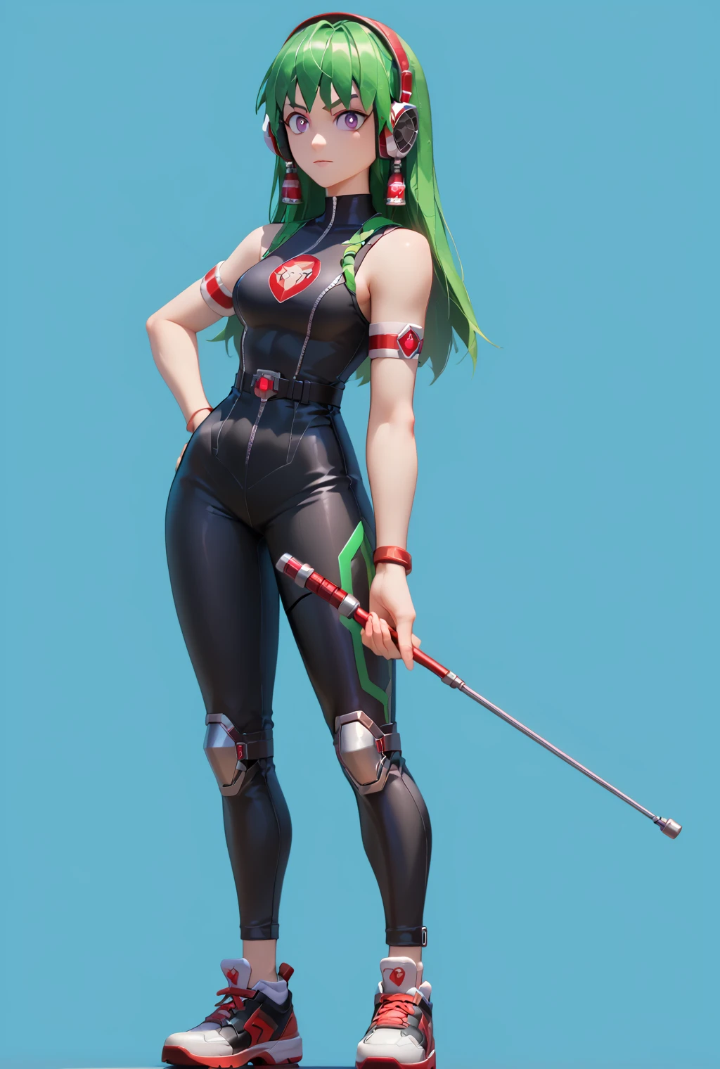 1girl, solo,
score_6, score_7, score_8, score_9, masterpiece, best quality, highly detailed, 
 <lora:Casi_Charu_Ape_Escape:0.85>, purple eyes, green hair, headphones, black jumpsuit, sleeveless, metallic baton, holding baton, red and white shoes,
((exposed thighs)), cyber world, digital background,