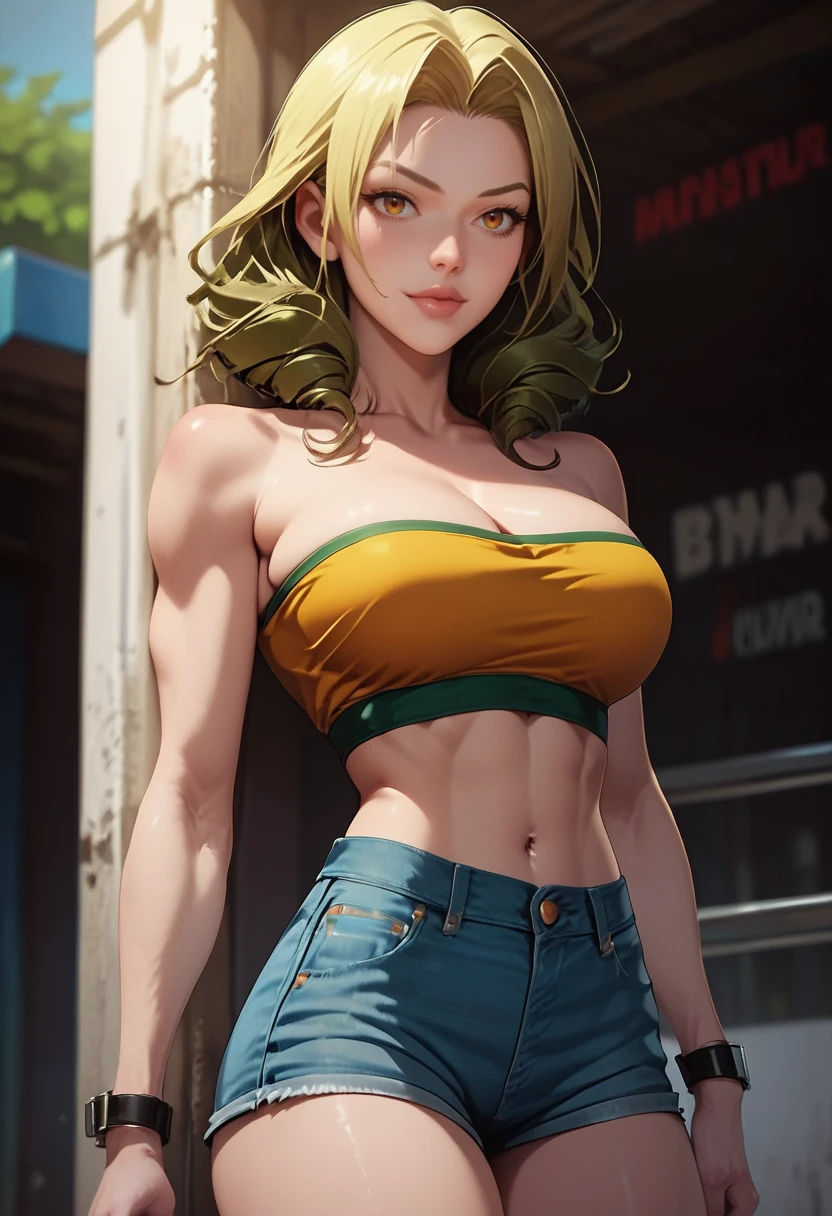 (masterpiece), (best quality), score_9, score_8_up, score_7_up, (masterpiece:1.2), (best quality:1.3), 1girl, <lora:Ma_Mi-Seon_God_of_High_School:0.8> mmsn_goh, cleavage, tube top, short shorts, denim, hands-on-hips, masterful composition, dynamic movement