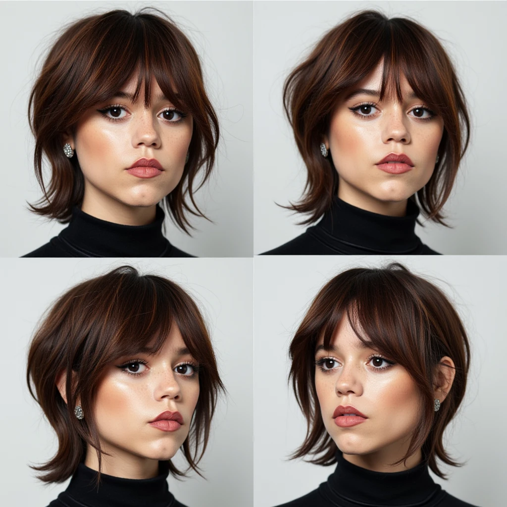 Contact sheet with 4 images of a woman with a messy short bob cut wearing a black turtleneck, <lora:Jenna_Ortega_Large_FLUX_v2_merger_19_40_49_61_03_02_03_02:1>