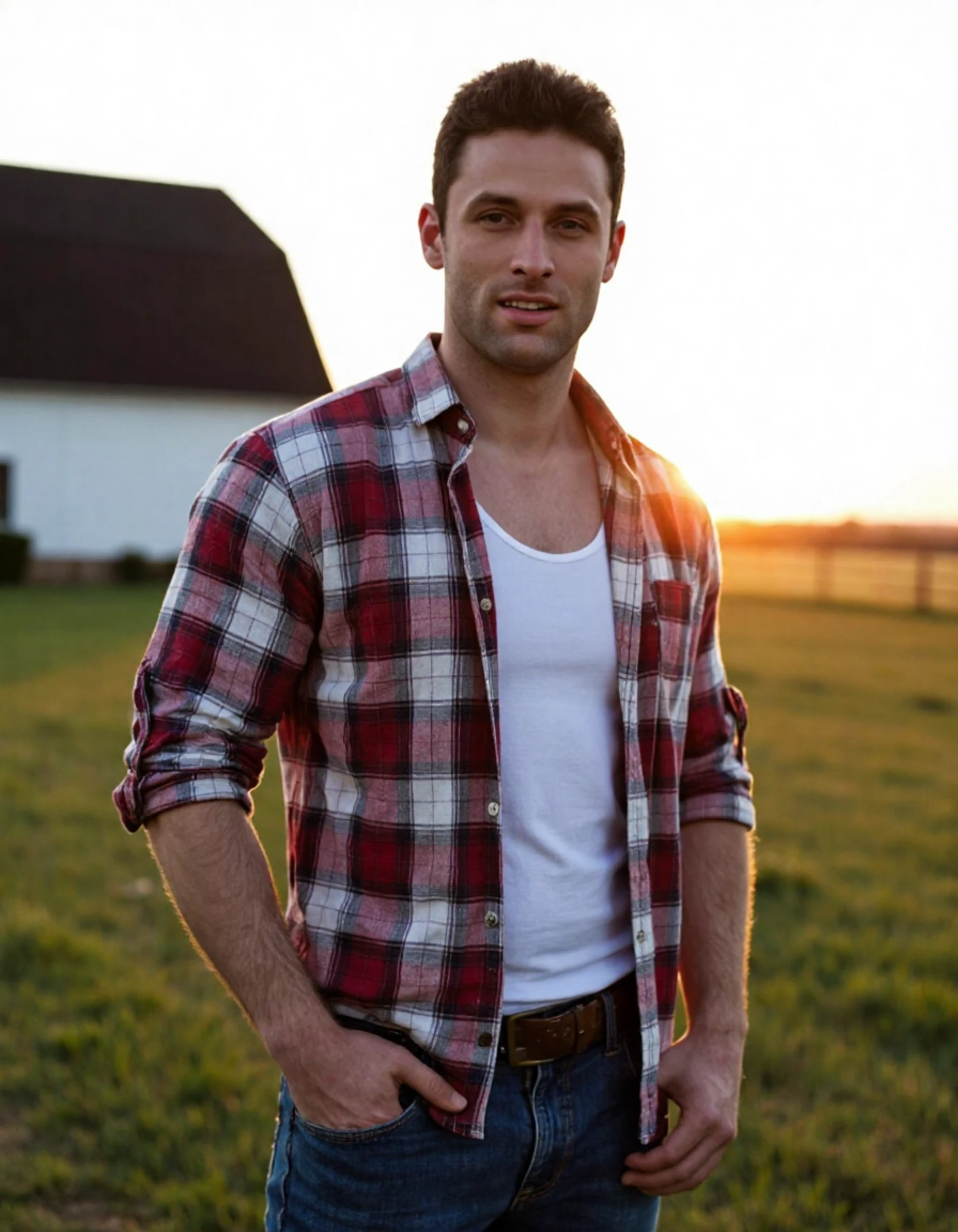 4u571n5h0w a man standing on a ranch. he is handsome. he is muscular. he is wearing a plaid shirt with rolled up sleeves/ he is wearing blue jeans. he is looking at you. he has a smile. he has his hands on his hips. he is standing in front of a farm house. the sun is setting behind the house. it is dusk.