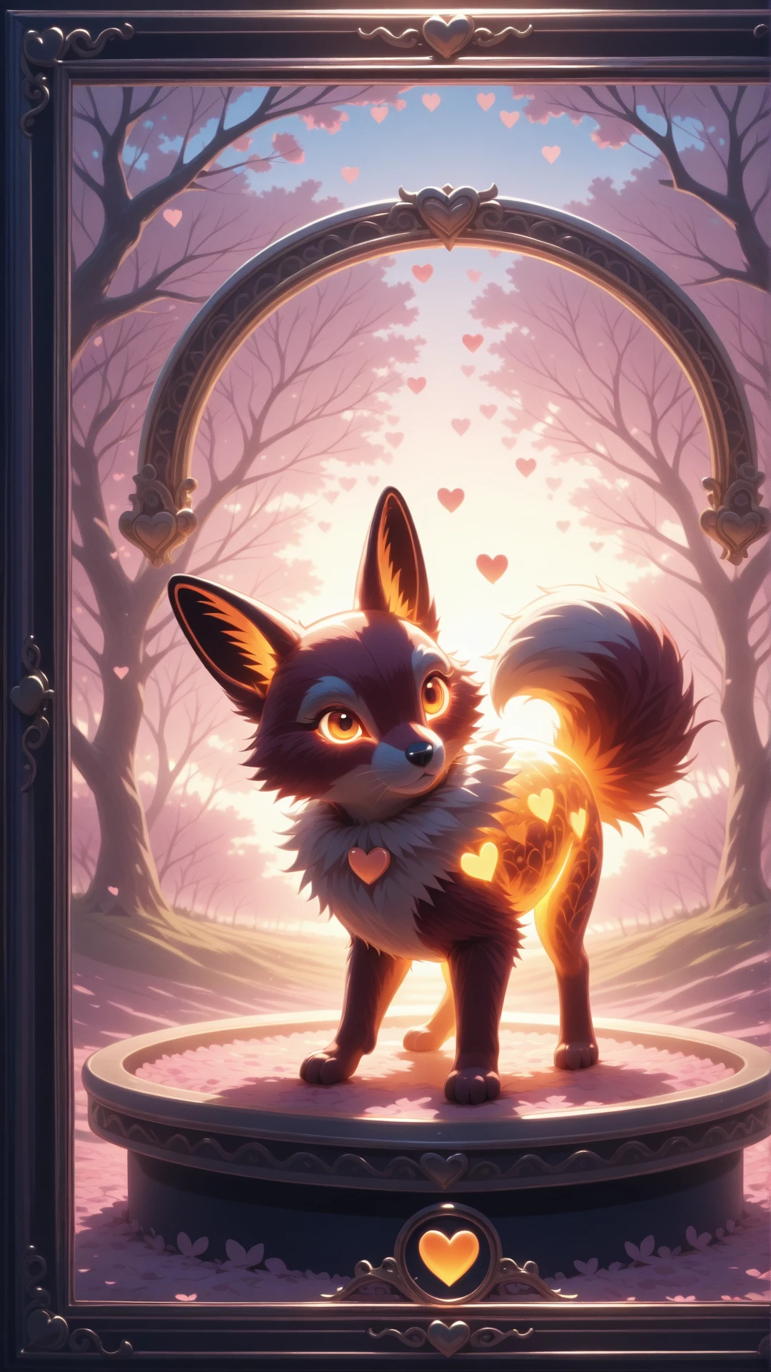 a picture frame with a picture of a cute chibi domestic fox, cuteness overload, in a fantasy landscape, hairy, action pose, ruff, cherry blossom and mossy rock background, at golden hour, wide view, land art, natural lighting, highly enhanced, imposing, magical, luxury, intense, beautiful, adorable,, hrtglwIL, transparent body, glowing body, filled with hearts  <lora:reij-hrtglwIL:0.6>