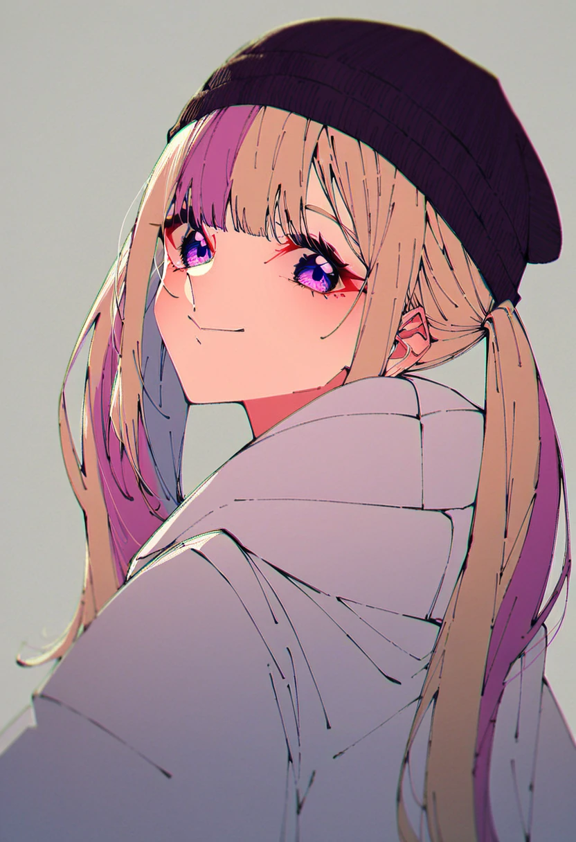 score_9, score_8_up, score_7_up, score_6_up, 1girl, bangs, baseball cap, beanie, closed mouth, long hair, looking at viewer, multicolored hair, purple eyes, smile, solo, streaked hair, twintails, two-tone hair, virtual youtuber,  <lora:Just_black_and_yellow:1>