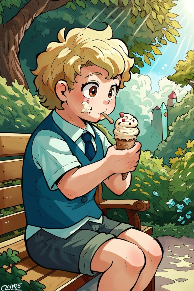 Score_9, score_8_up, score_7_up, score_6_up,score_5_up,  ,, ClansoniudoStyle,1boy,  bench, blonde hair, brown eyes, solo, child, collared shirt,  dappled sunlight,  eating, food, ice cream, ice cream cone,  necktie, outdoors, park bench, red eyes, shirt, short sleeves, shorts, sitting, sunlight, vest, white shirt, wing collar