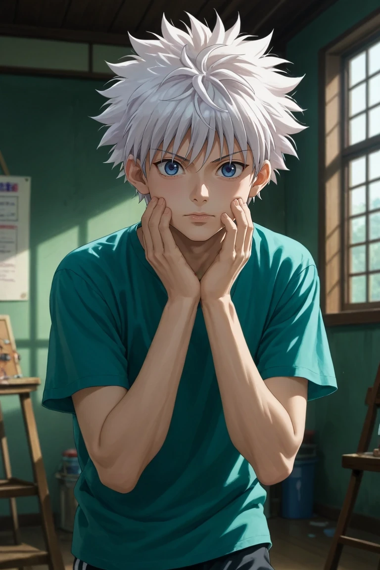 score_9, score_8_up, score_7_up, source_anime, rating_safe, intricate details, anime screencap, anime coloring, official style, , depth of field, 1boy, solo, male focus, <lora:killua_zoldyck_pony:1>, killua_zoldyck, white hair, blue eyes, short hair, spiked hair, bangs, messy hair, art studio, canvas walls, paint supplies, work space, painting pose, creative expression, window light, male Late twenties Solid, East Asian, Ruby red eyes, Elongated Ears, Unique Nose, Underbite Jaw, , Aqua French crop hair, Satisfaction, wearing Tailored board shorts, Mesh jersey, , ,, Hands on the cheeks, suggesting awe or astonishment, <lora:sdxl_lightning_8step_lora:1>