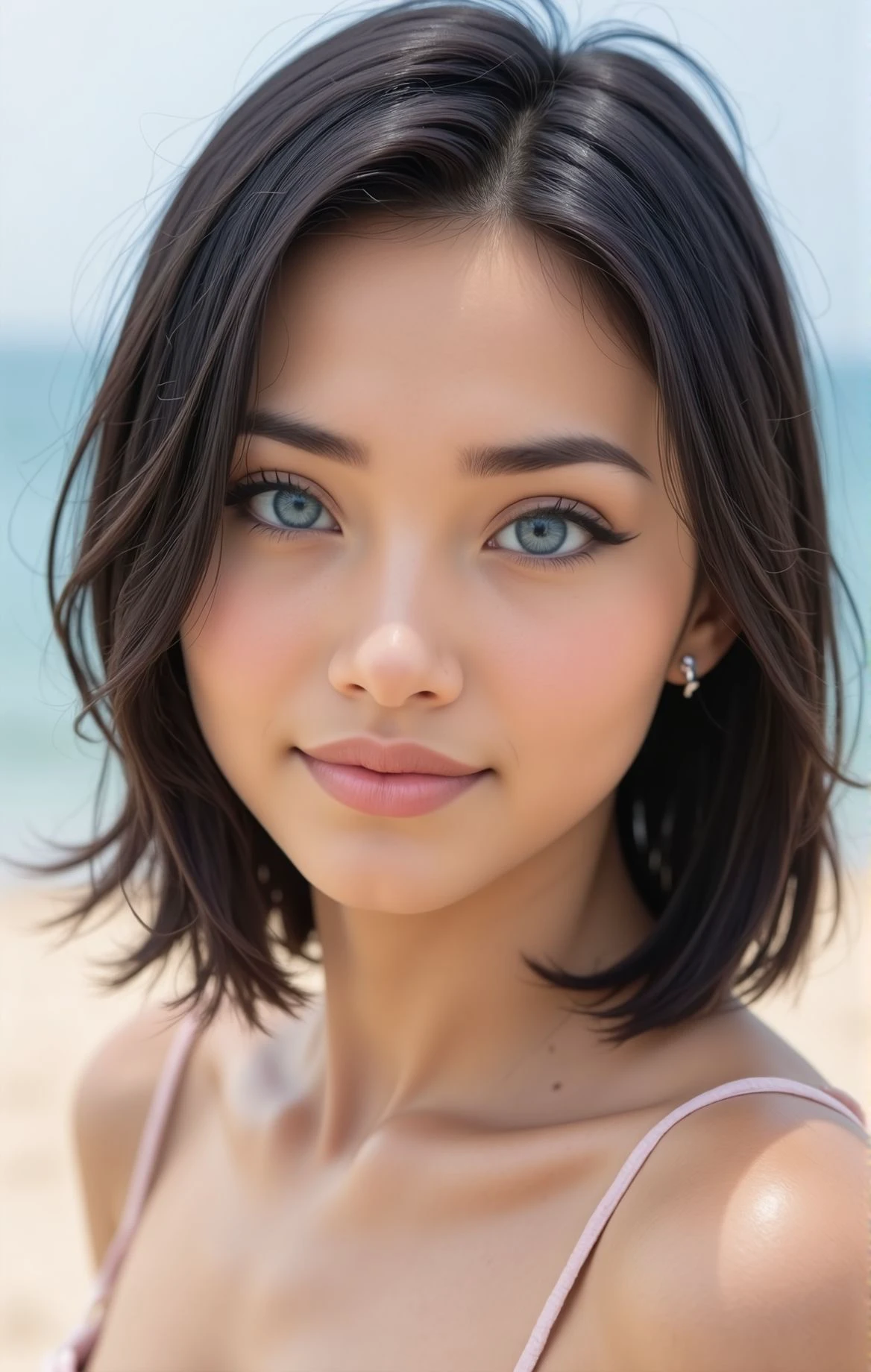 woman, cute shaped face, eyeliner, beach, looking at viewer, smile, <lora:woomy-1-flux:1> blue eyes, black hair, hairclip, medium hair,, realistic, 4K, ultra detailed photography, sharp image,