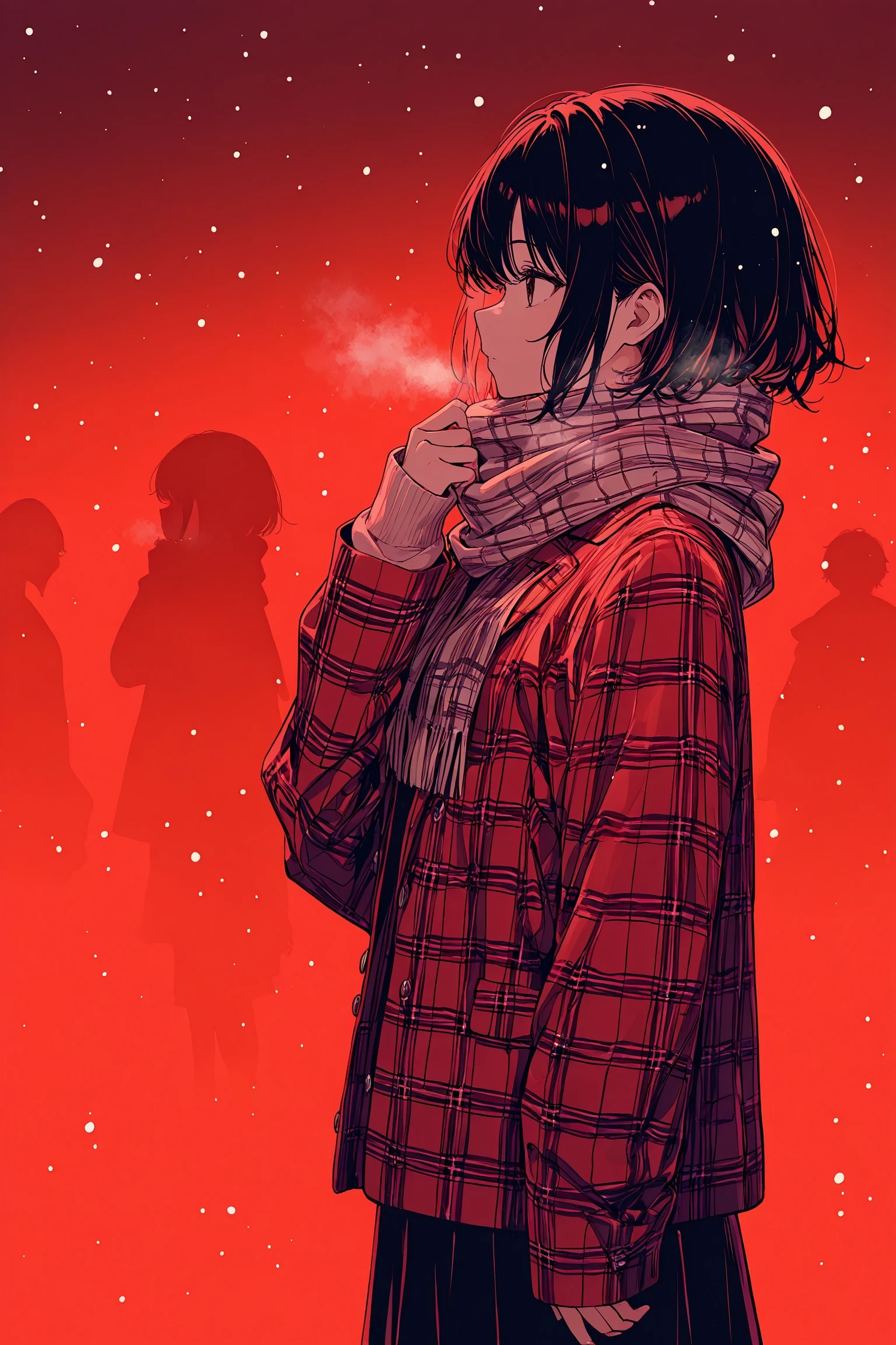 colorful, 1girl, jacket, long sleeves, plaid, plaid jacket, profile, scarf, silhouette, sleeves past wrists, snowing, short hair, hand up, red theme, skirt, solo, looking afar, from side, masterpiece, best quality, newest, very awa