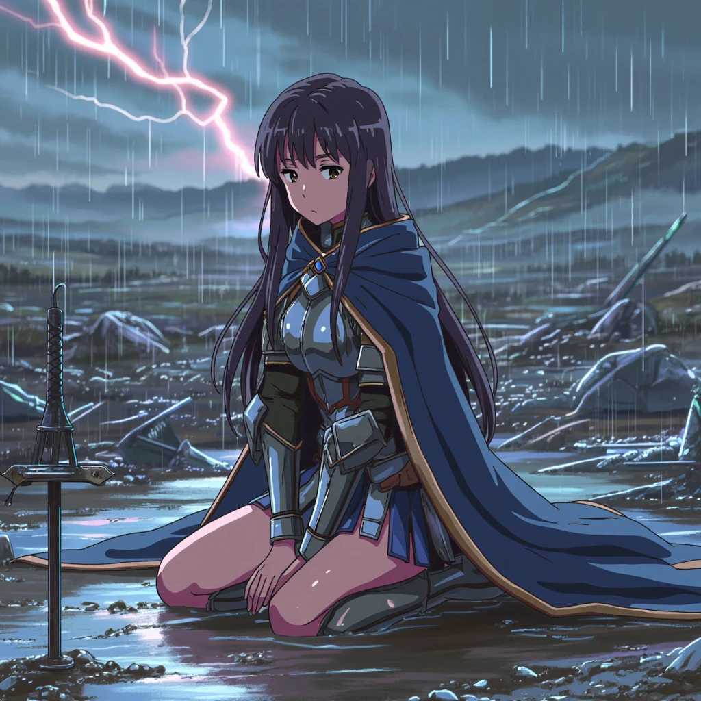 anime screencap in yn artstyle, a female noble knight kneeling in a pool of mud amidst a battlefield during puring rain, resting her hands on the hilt of a sword planted in the ground. Her long hair is wet from the rain and she is clad in wet shining, battle-worn armor with a flowing cape, and gazes forward with a look of determination and resilience. Surrounding her are the remnants of swords and broken armor scattered across the ground, with lightning strikes in the sky in the background.