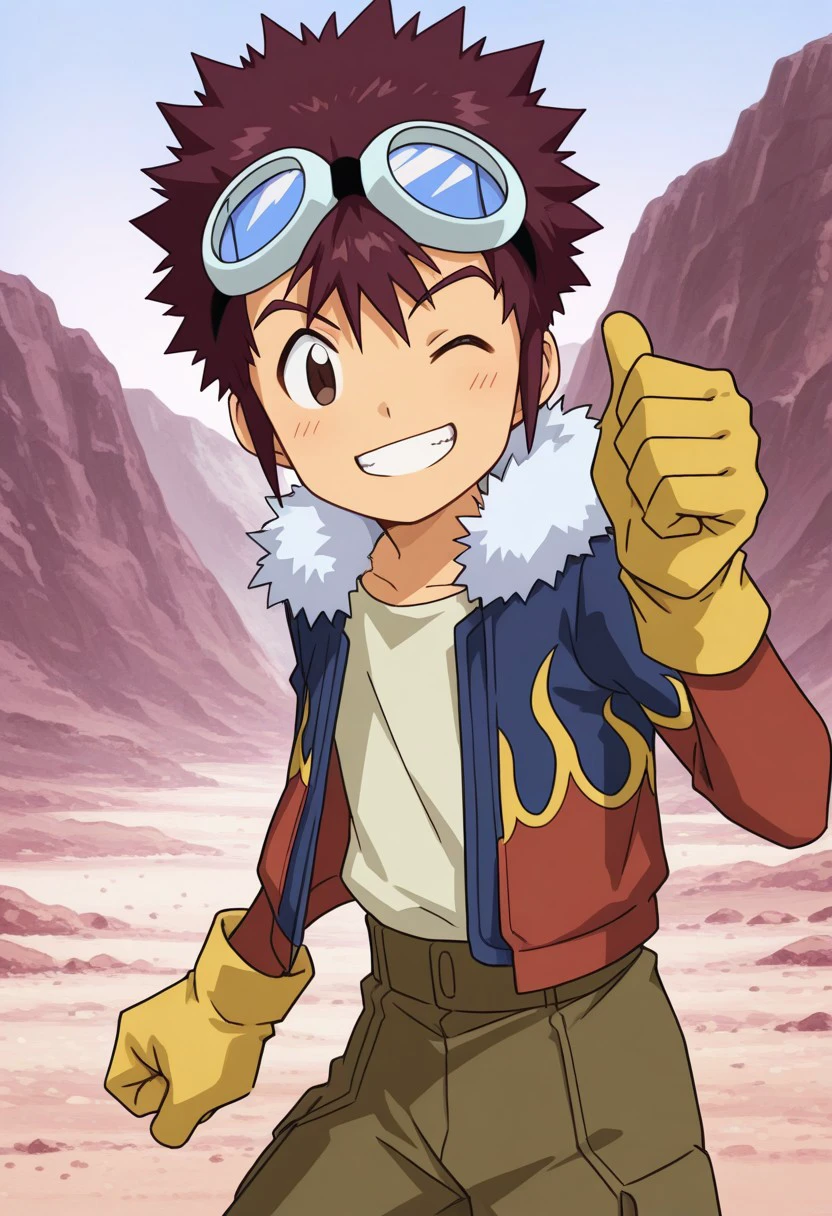 masterpiece, best quality, 
davismotomiya, 1boy, male focus, solo, brown eyes, brown hair, short hair, spiked hair, goggles, goggles on head, shirt, white shirt, jacket, fur trim, flame print, long sleeves, open jacket, open clothes, multicolored jacket, multicolored clothes, red and blue jacket, gloves, yellow gloves, shorts, brown shorts, smile, grin, one eye closed, thumb up,
outdoor,