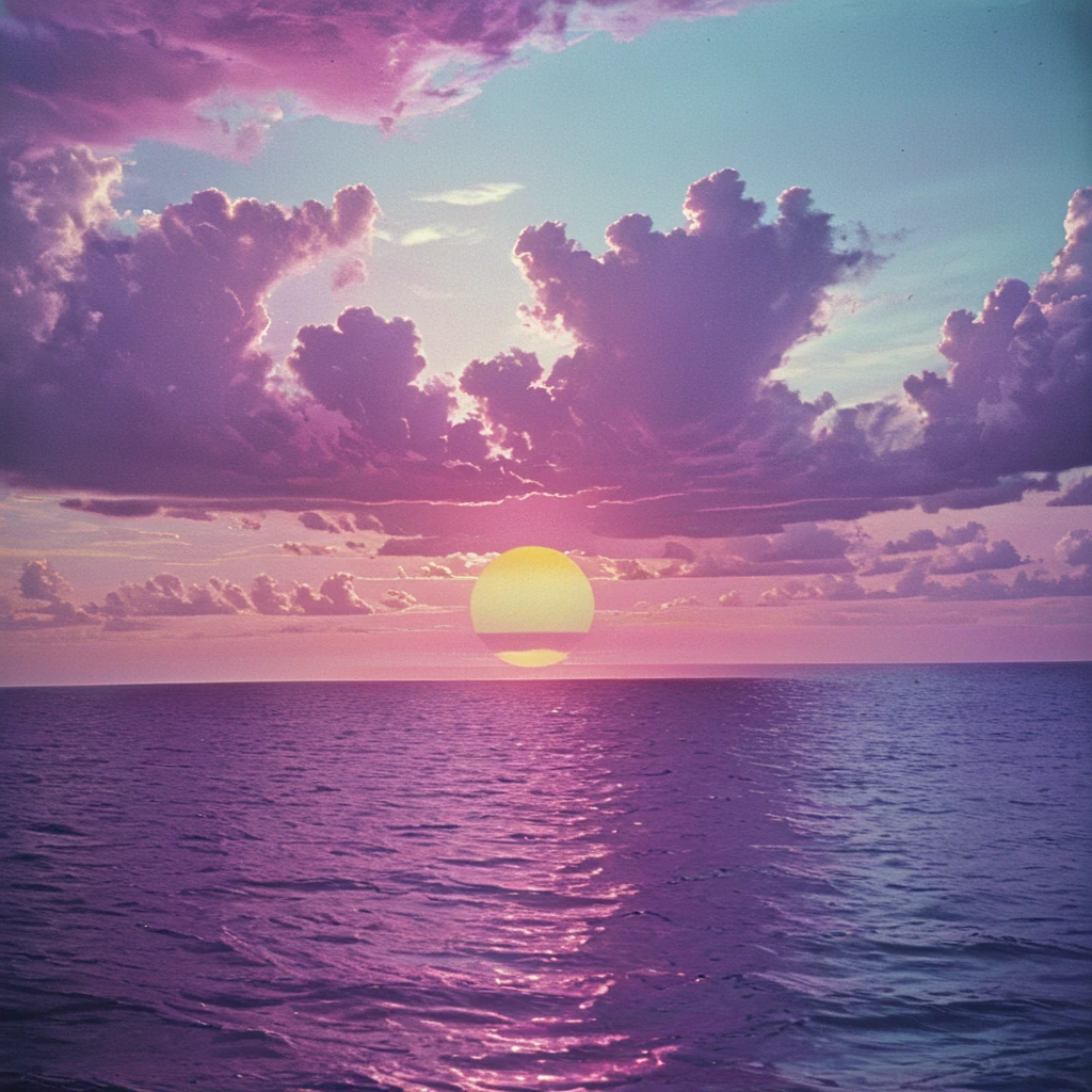 <lora:50sPanavisionMovieSDXL:1> ArsMovieStill, Movie Still From Colored 1950s Super Panavision 70 Movie, The image shows a beautiful sunset over the ocean with the sun setting in the background surrounded by a mix of vibrant colors of pink blue and purple. The sky is filled with clouds and the sun is casting a warm glow over the water., no humans, cloud, sky, ocean, scenery, horizon, outdoors, sunset, cloudy sky, water