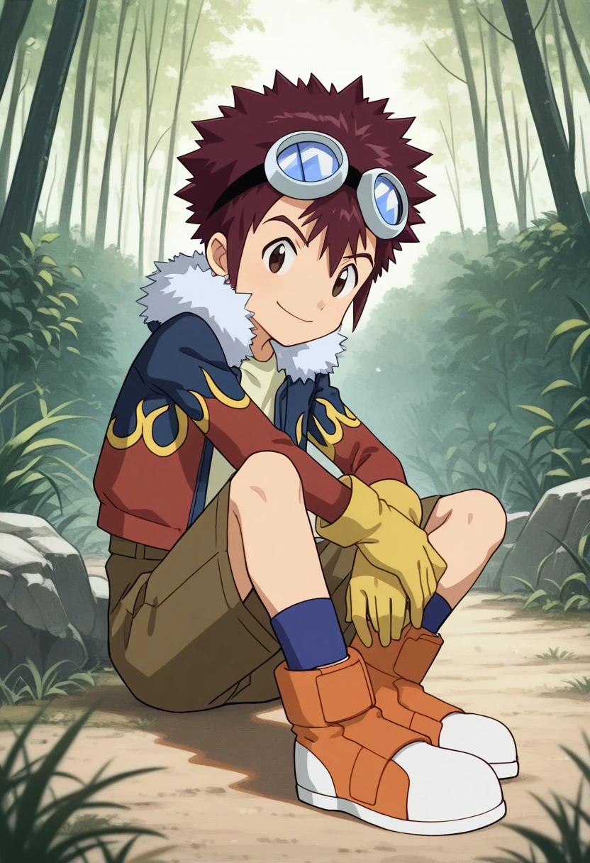 best quality, masterpiece, highres, detailed, digital illustration, DaisukeDigi, spiked afro hair, goggles on head, brown hair, brown eyes, excited, outdoors, 1boy, solo,shota, smug, acting cool, ((nude, flacid penis))