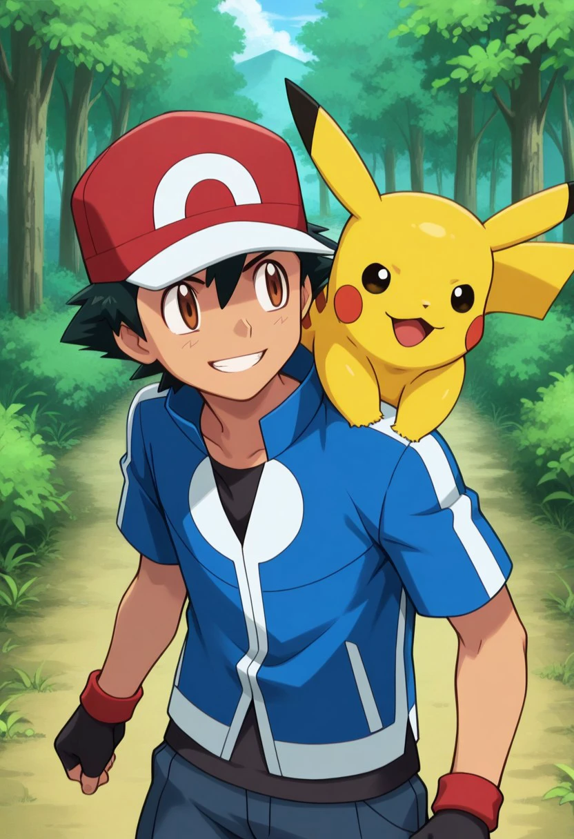 masterpiece, best quality, 
ashxyz, 1boy, male focus, solo, brown eyes, black hair, bangs, hat, baseball cap, red footwear, shirt, black shirt, jacket, blue jacket, short sleeves, gloves, black gloves, fingerless gloves, pikachu, pokemon (creature), pokemon on shoulder, upper body, smile, grin,
outdoor,  nature,