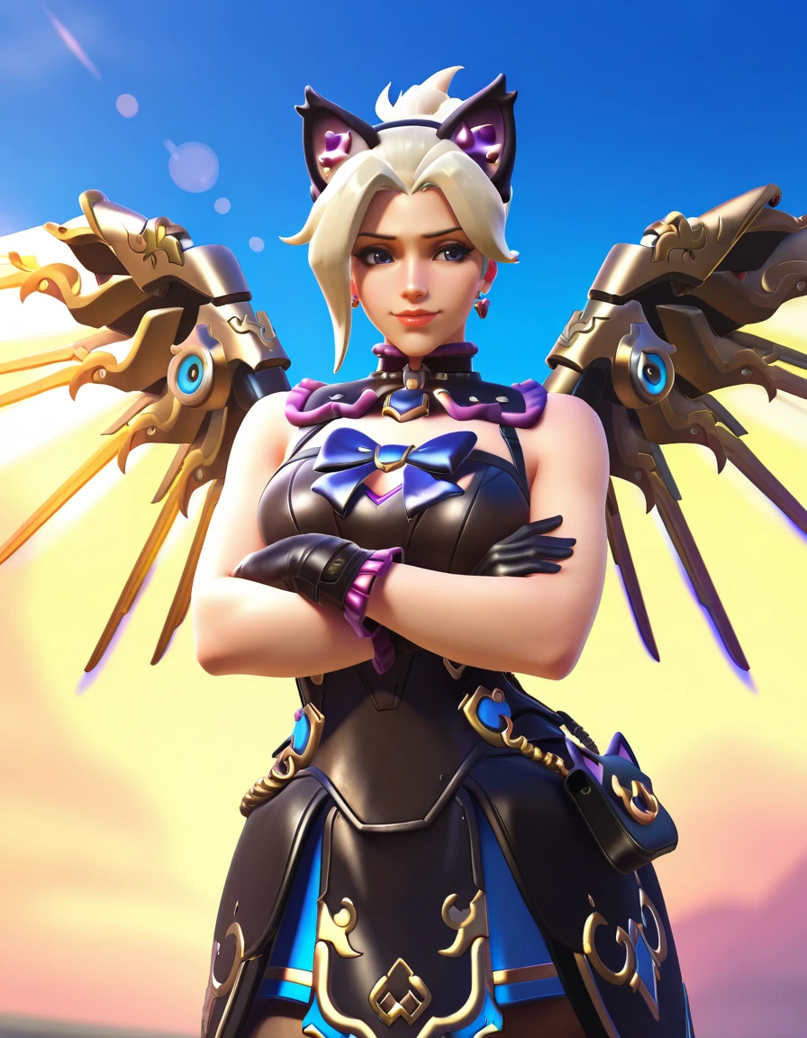 Masterpiece, high-res, 2k, best quality,   1 girl  , mercy (overwatch),  mercy kitty <lora:Mercy Kitty-000040:1> Standing with arms crossed