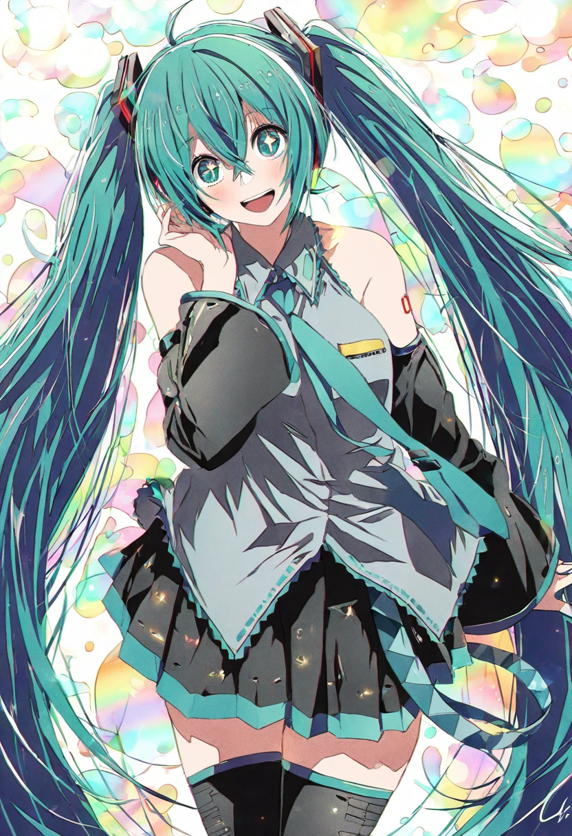 (masterpiece, high quality, amazing detail), year 2024, year 2023, highres, very awa, 4b-enpitsu, + +, 1girl, film grain, lens flare, rainbow, rainbow background, miku hatsune, ahoge, aqua dyes, aqua hair, crossed bangs, hair between eyes, hair ornament, headphones, long hair, twintails, look at viewer, black footwear, black skirt, black sleeves, collared shirt, detached sleeves, grey shirt, necktie, pleated skirt, shirt, sleeveless shirt, thigh boots, tie clip <lora:4b-enpitsu_Style_XL:0.4>