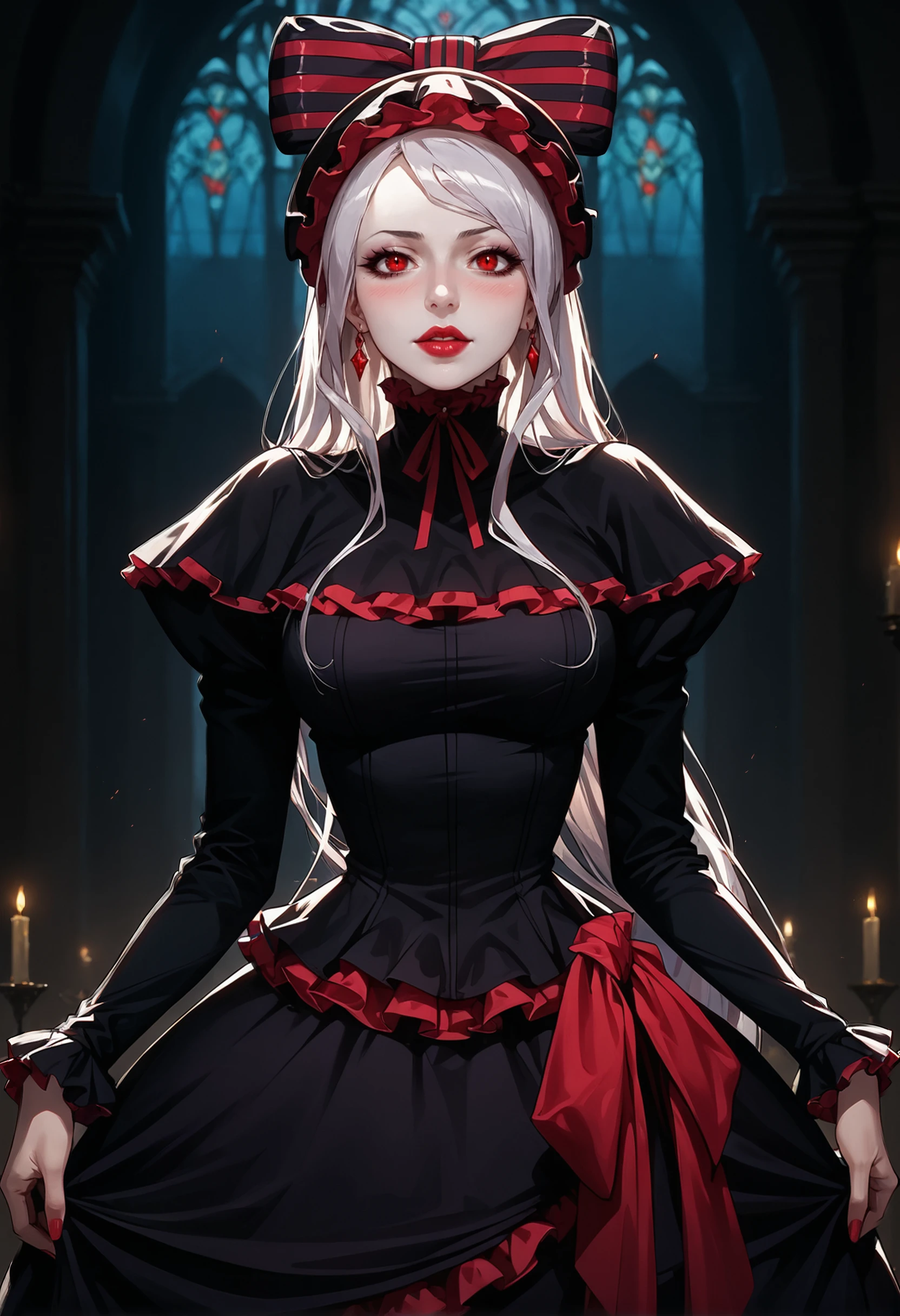 (score_9, score_8_up:1.1),score_7_up,score_6,Overlord western anime style BREAK (24 year old Shalltear Bloodfallen from overlord),vampire lady,gothic victorian dress,sleek silver hair with bow,red eyes,small ears,lipstick,mascara,(very pale ghostly white skin),eye shadow,stockings,captivating gaze,looking at viewer,blushing,flushed cheeks,very sexy,slim legs BREAK volumetric lighting,cinematic lighting,detailed,shadows,sinister lighting,dramatic pose,dynamic,small tight butt,detailed face,intricate details,naturalism,hyperdetailed,wide shot dark cinematography,volumetric lighting,source lights,<lora:Expressive_H:1>,zPDXL (1),<lora:Shalltear:1>,