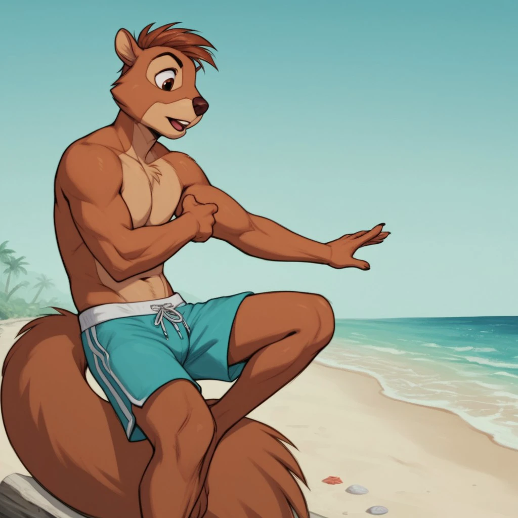 score_9, score_8_up, score_7_up, score_6_up, score_5_up, score_4_up, source_furry, squirrelArthur, anthro, male, squirrel, brown fur, squirrel tail,beach, swim trunks