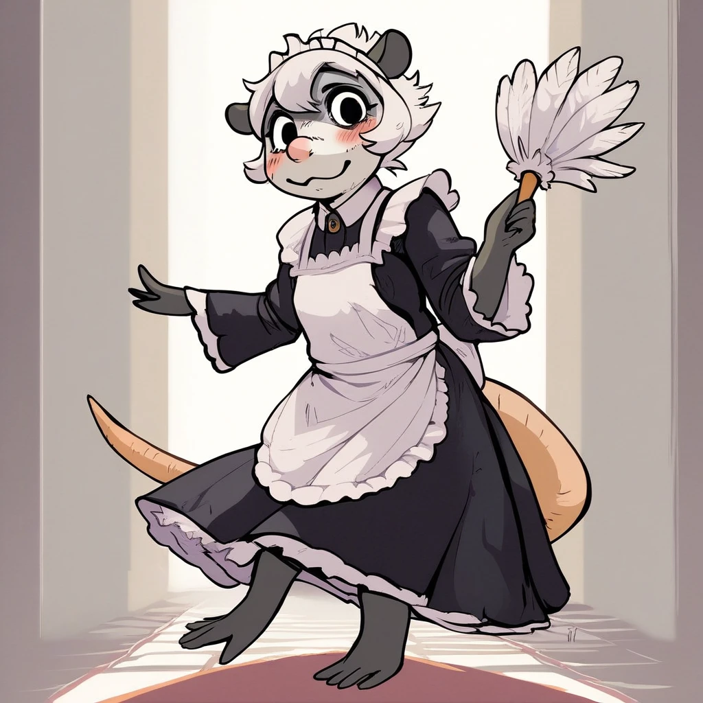 score_9, score_8_up, score_8, score_7, source_cartoon, source_furry, Solo, 1girl, anthro, furry female, young furry, Possum, American opossum, white fur, white hair, short hair, pink nose, black eyes, hairless tail, full body, looking at viewer, traditional maid outfit, holding feather duster, blush, smile, elegant hallway setting,