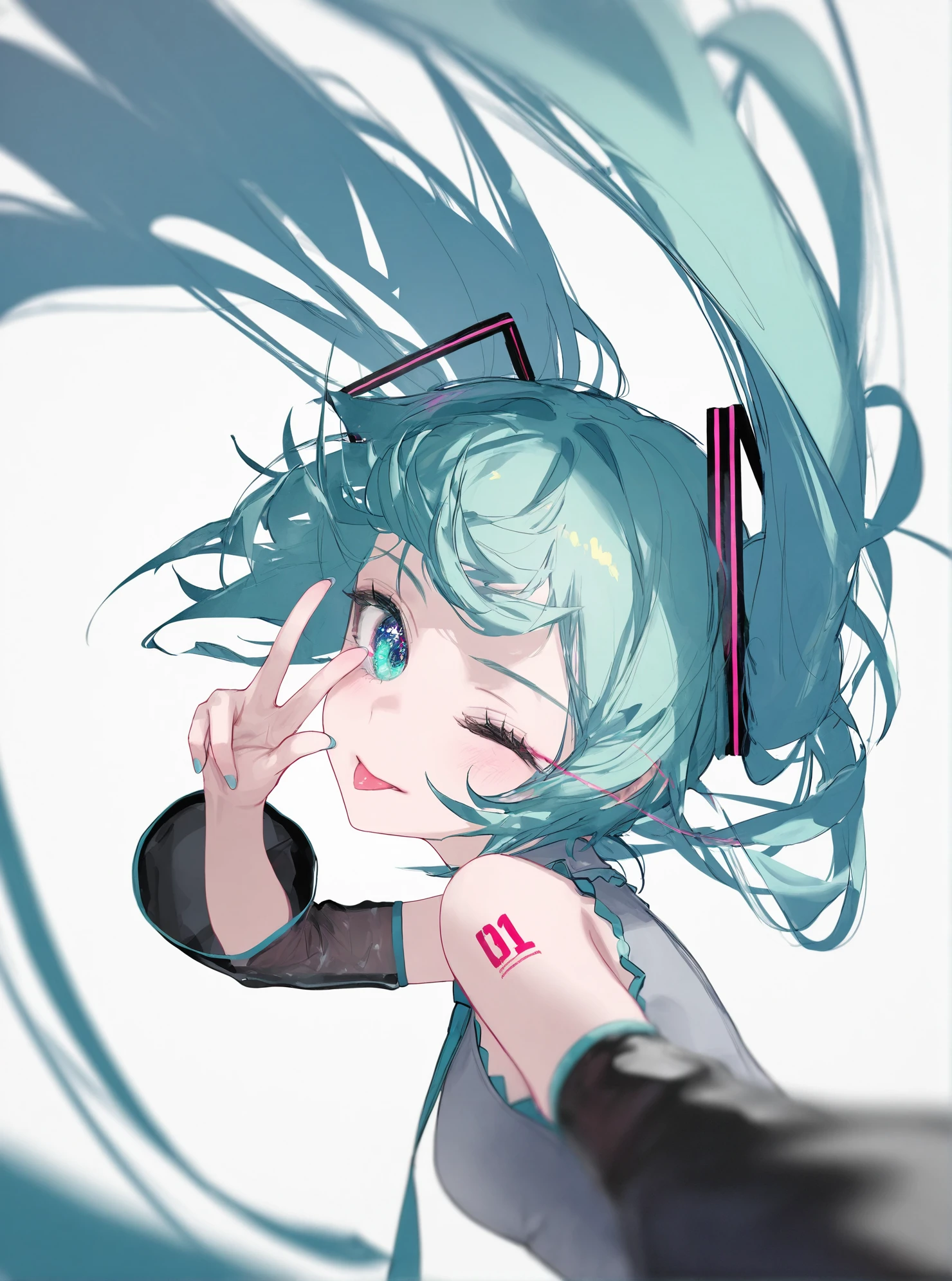 (rsef:0.8),mizumi zumi,yunouou10,58_\(opal_00_58\),roitz \( roitz \),closed-up, fisheye lens, dynamic pose,( eye trail,) eye focused, looking at viewer, 1girl,tongue out, hatsune miku,detailed eyes, upper body, sparkling eyes,one eye closed, wink, v over eye,depth of field, from side, looking back, 4fingers, simple background,masterpiece,best quality,very aesthetic,aesthetic,absurdres <lora:Hair_floating_up-000008:.7>,HU1, floating long hair