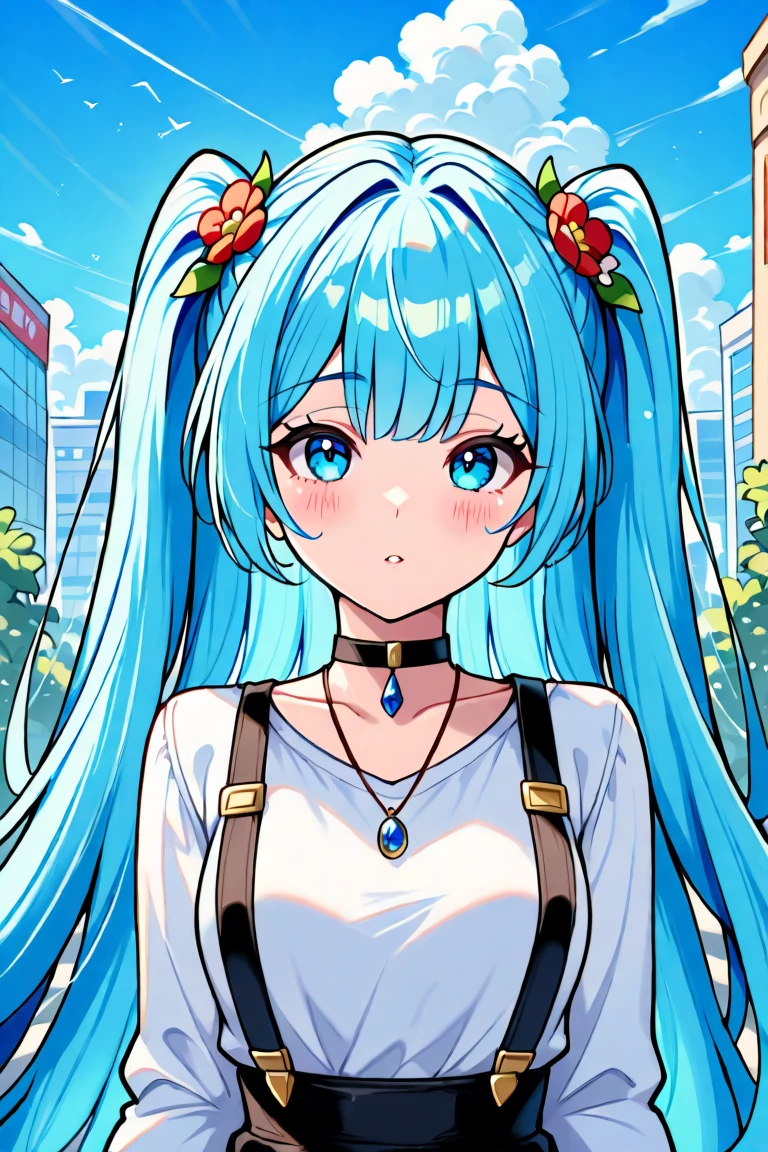 sarah, solo,  long hair,  looking at viewer,  blush,  open mouth,  bangs,  blue eyes,  shirt  hair, ornamen,  long sleeves, twintails,  jewelry,  very long hair,  blue hair, white shirt,  upper body,  flower,  outdoors,  sky, choker,  day,  cloud,  hair flower,  necklace,  two side up,  blue sky,  black choker,  suspenders,  building,  pendant, city, blue hair