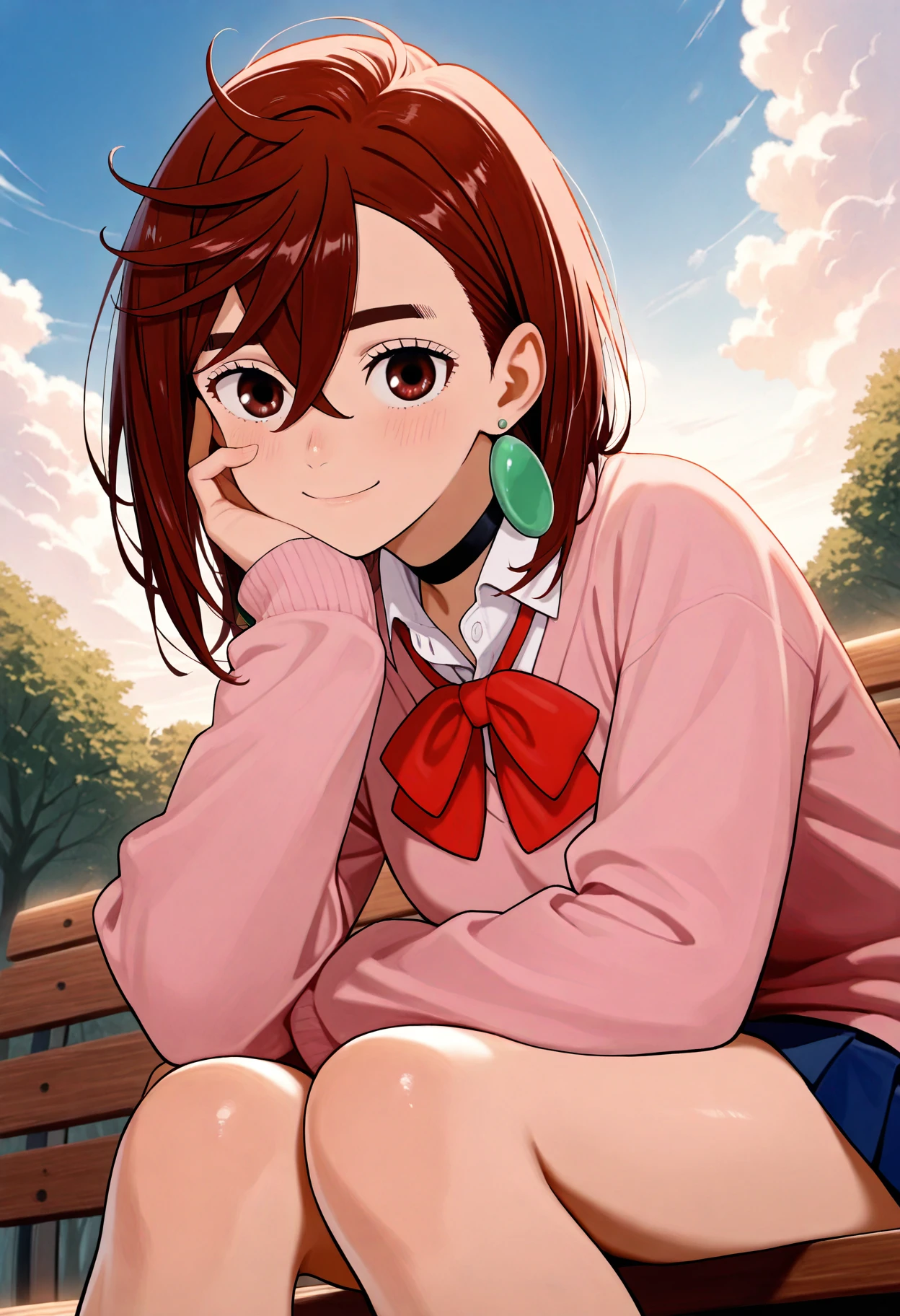 masterpiece, best quality, very aesthetic, 1girl, ayase momo, dandadan, brown eyes, pink sweater, collared shirt, pleated skirt, choker, red bow, outdoors, sitting, bench, sky, cloud sky, smile, hand on own cheek, looking at viewer