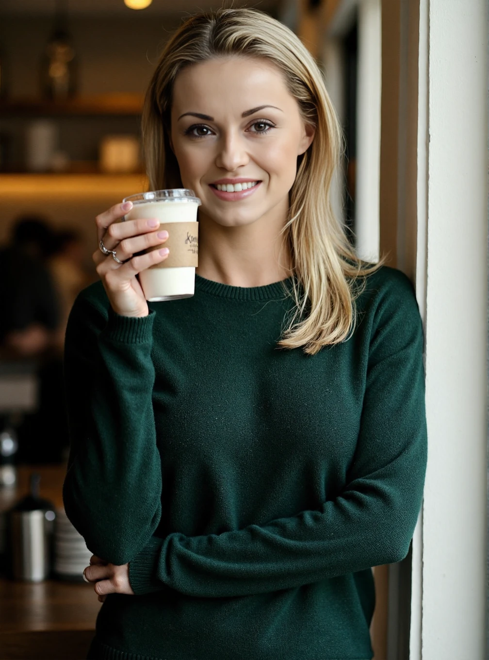 A professional photograph of a young woman Ola_Jordan wearing a dark green cableknit sweater in a cafe, holding a latte. Blonde hair, light make-up, detailed skin, bokeh, female focus, (SFW), smile <lora:Ola_Jordan:1>